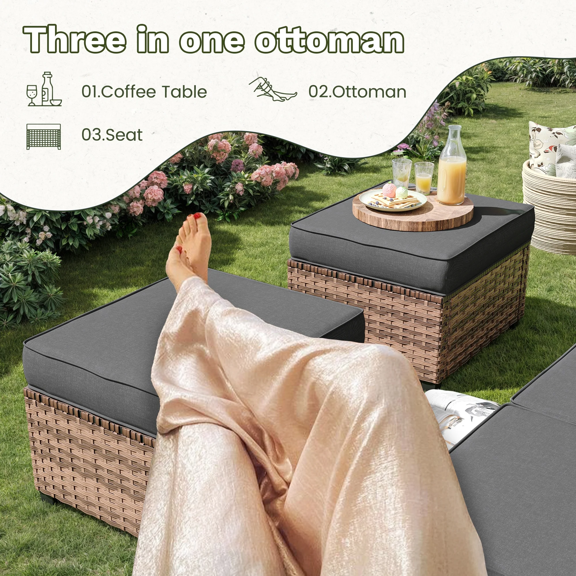 POTEBAN Patio Furniture Set, 7 Pieces Outdoor Sectional Sofa Couch with Chairs, Ottomans and Comfy Cushions, All Weather Wicker Rattan Patio Conversation Set for Garden Backyard Dark Grey