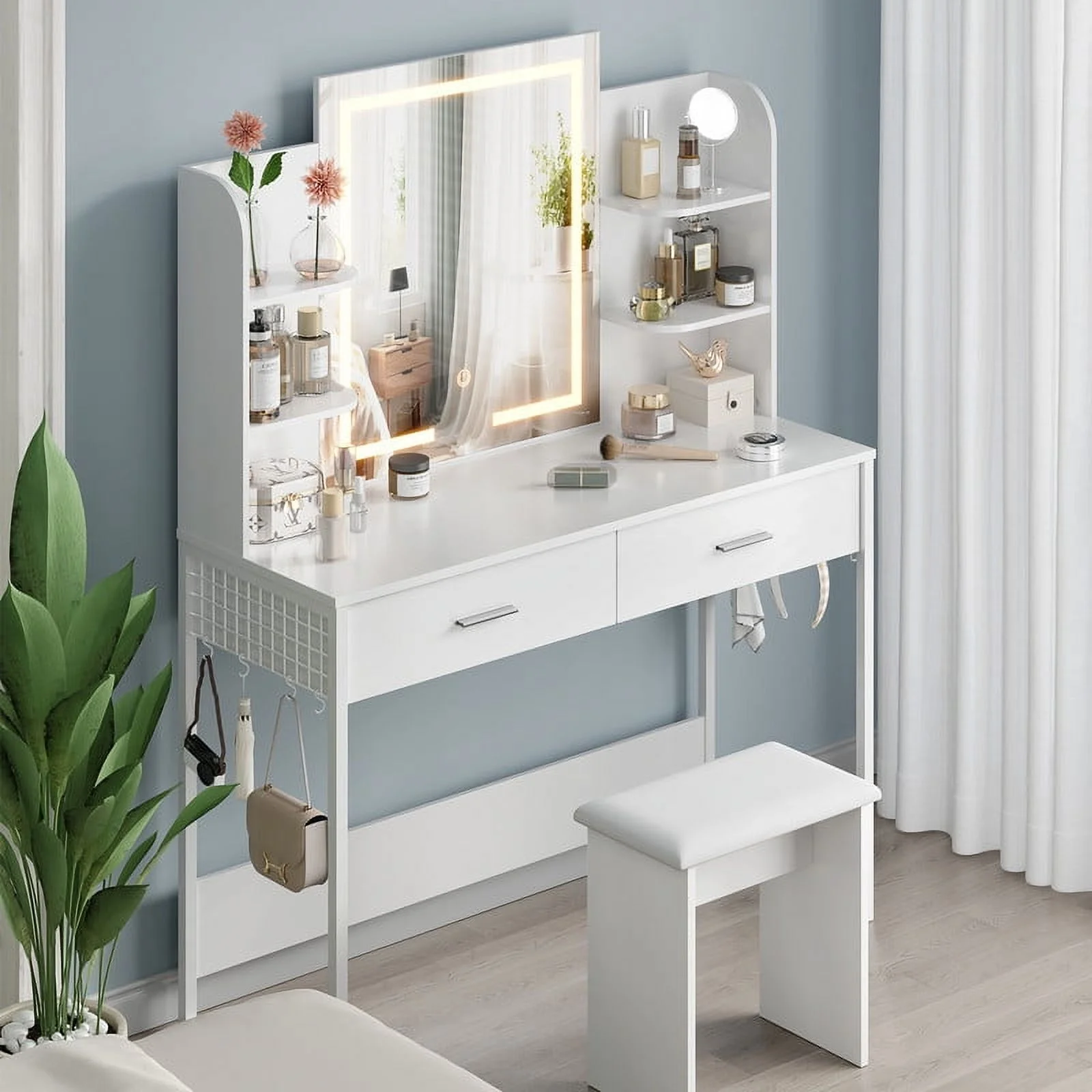 Vanity Desk with Chair, White Makeup Desk Set with Mirror & LED Lights, Vanity Table with Power Strip, 2 Drawers, 4 Shelves