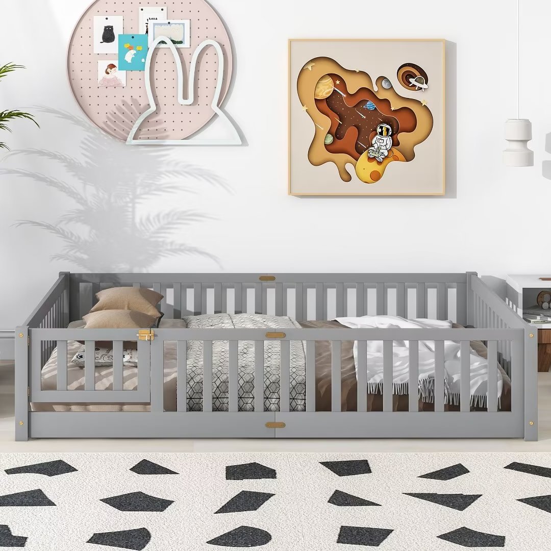 Queen Size Floor Bed Frame with Fence and Door, Solid Wood Floor Platform Bed for Kids Boys Girls, Montessori Bed Frame, No Box Spring Needed, Gray