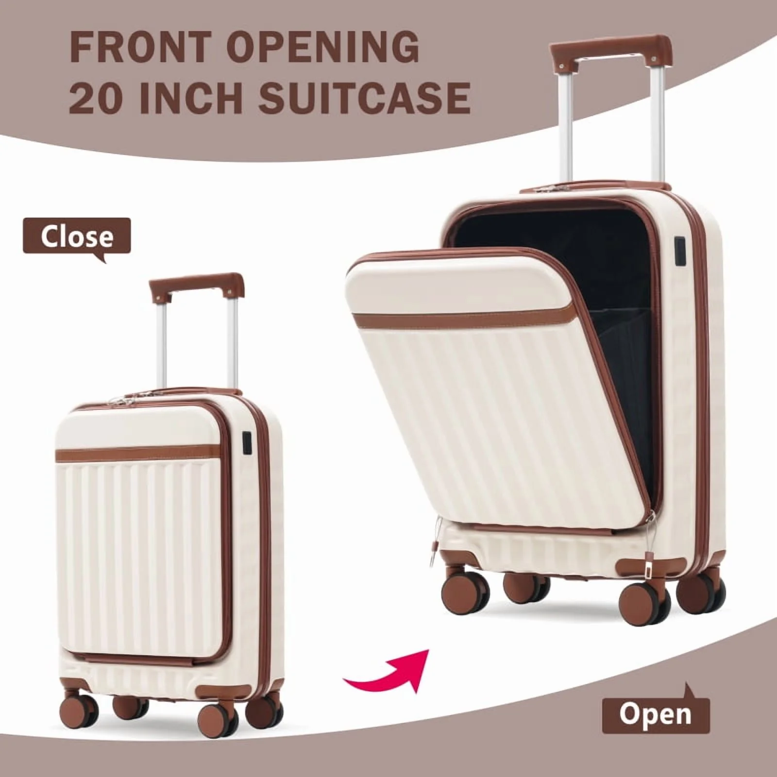 Front Opening Luggage Set 3 Piece, Hardside Carry on Suitcase with USB Port, Expandable Luggage with Handle Bag Spinner Wheels TSA Lock