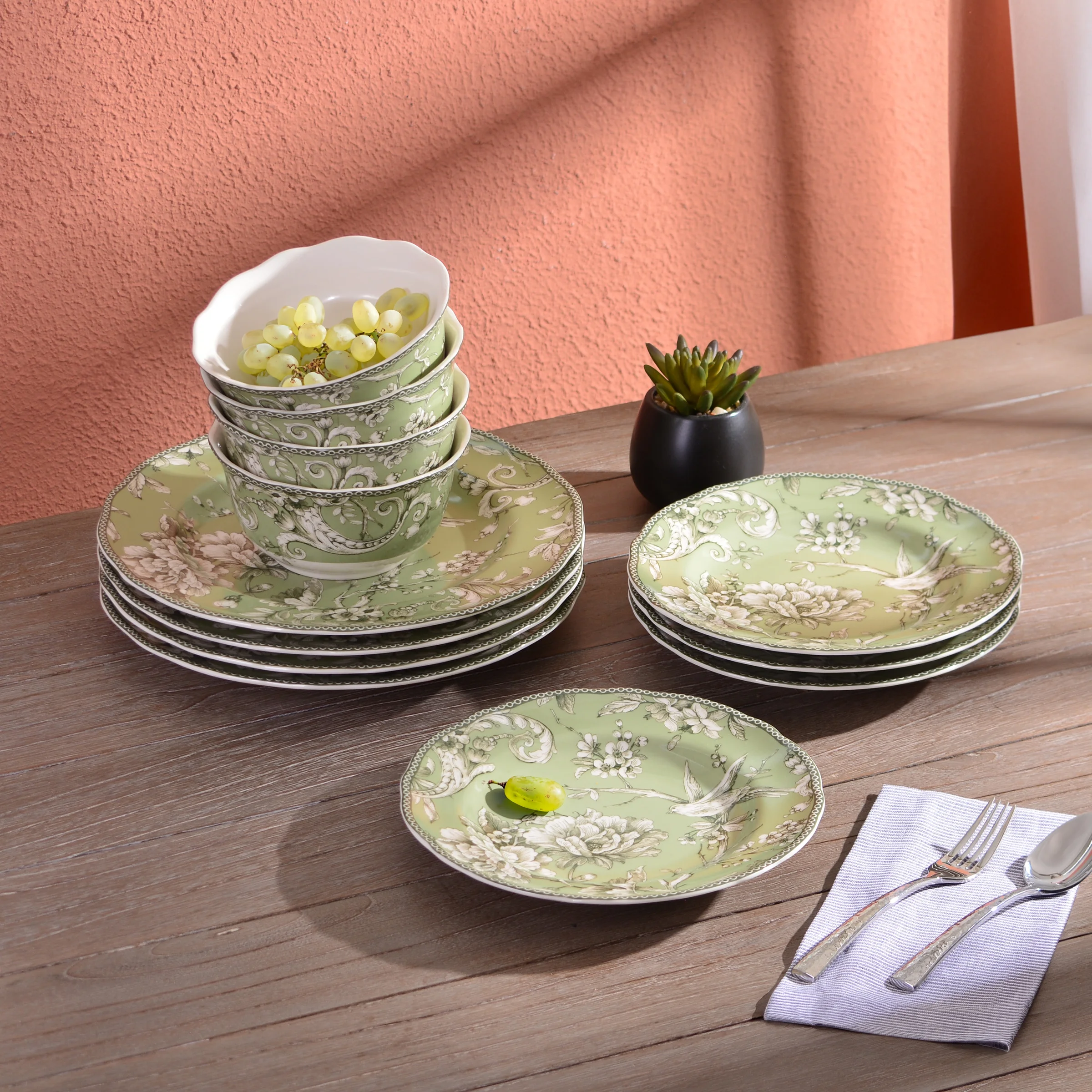 222 Fifth Adelaide Brown on White Porcelain 12 Piece Dinnerware Set, Plates & Bowls, Service for 4