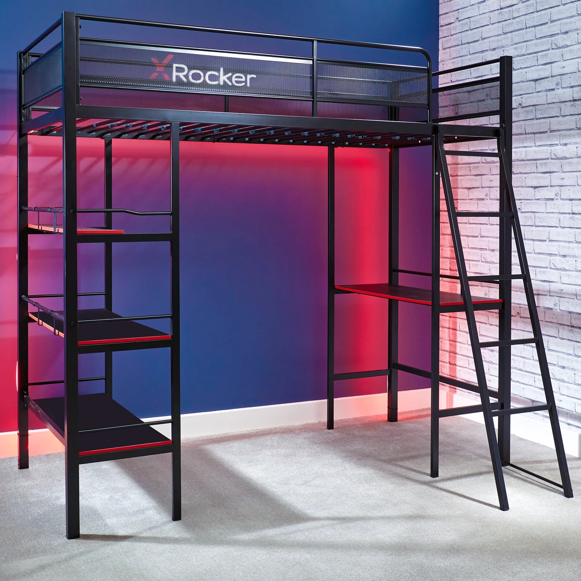 X Rocker Fortress Gaming Bunk with Desk and Shelves, Twin, Black/Red, Loft Bed, Children, Teen