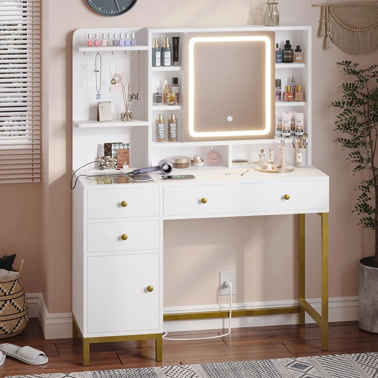 AOGLLATI Makeup Vanity with Lights in 3 Colors, White Vanity Desk with Mirror and Lights, Vanity Table with Charging Station, Makeup Desk with Visible Drawers, Hidden and Open Storage Shelves