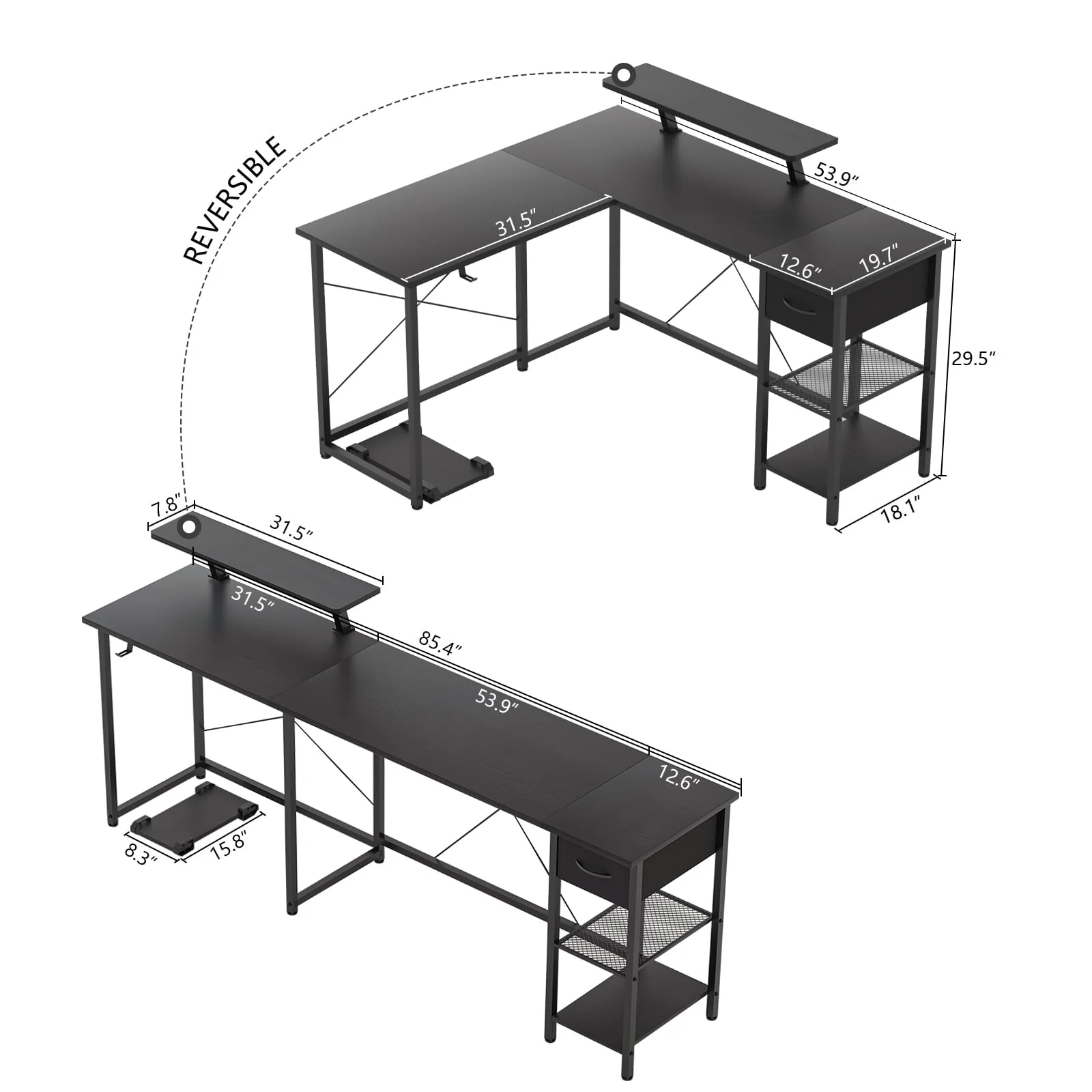 L Shaped Computer Desk with Storage Shelves, Hook and Monitor Stand, Modern Reversible Corner Gaming Table Sturdy Writing Workstation Space Saving for Home Office, Black