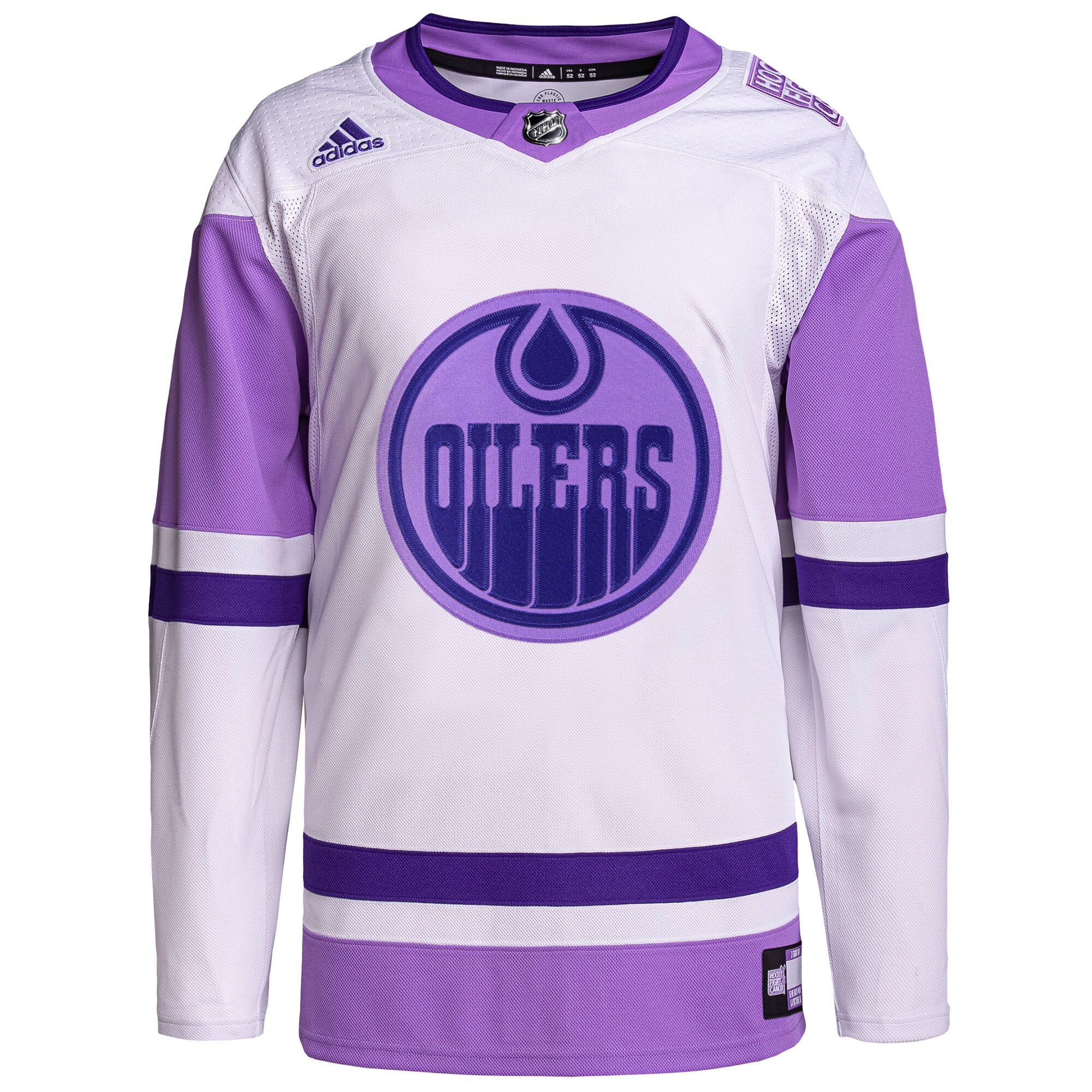 Edmonton Oilers  Hockey Fights Cancer Primegreen  Blank Practice Jersey – White/Purple