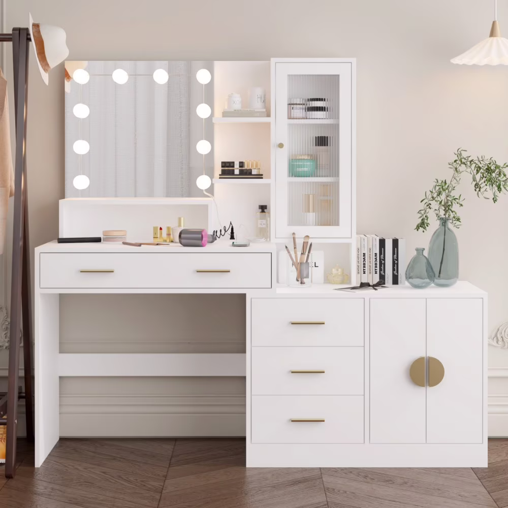 IVV Vanity Desk with Lighted Mirror and Charging Station, Makeup Dressing Table with 5 Drawers and Storage Cabinet, 10 LED Bulbs, 3-Color Lighting Modes, Brightness Adjustable, Black