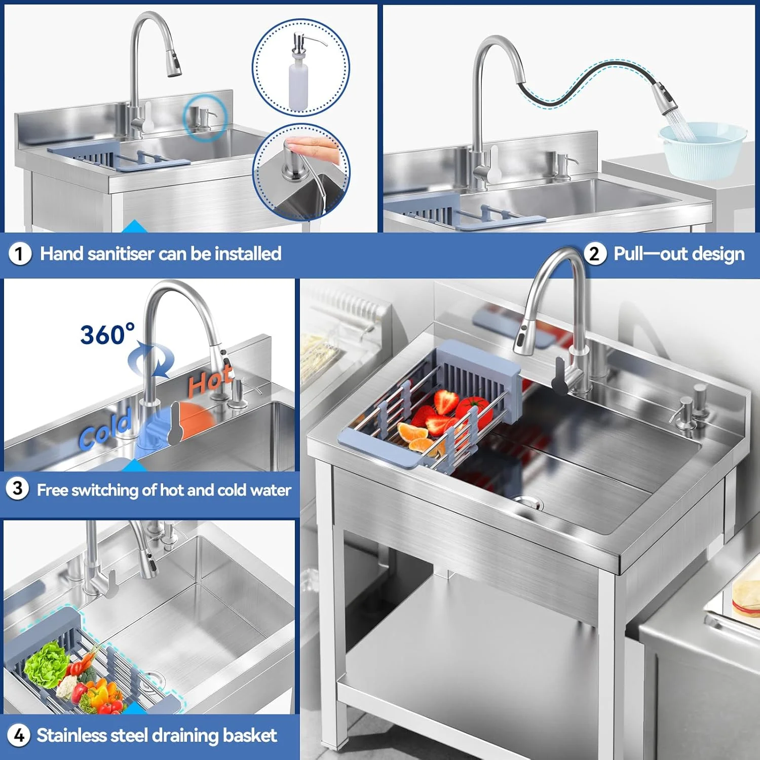 Stainless Steel Utility Sink Commercial Kitchen Single Bowl Sink with Cold and Hot Water Faucet Hoses and Drain Kit Complete Base Plate for Kitchens,Bathrooms,Laundry Room