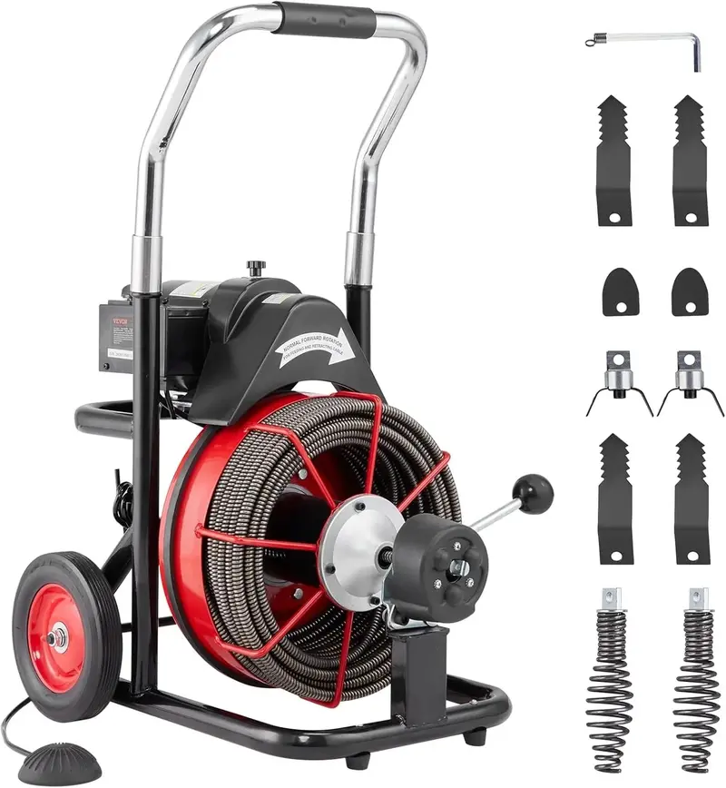 100-Foot Auto-Feed Drain Snake Machine – 550W Portable Sewer Auger with 8 Cutters & Foot-Controlled Operation