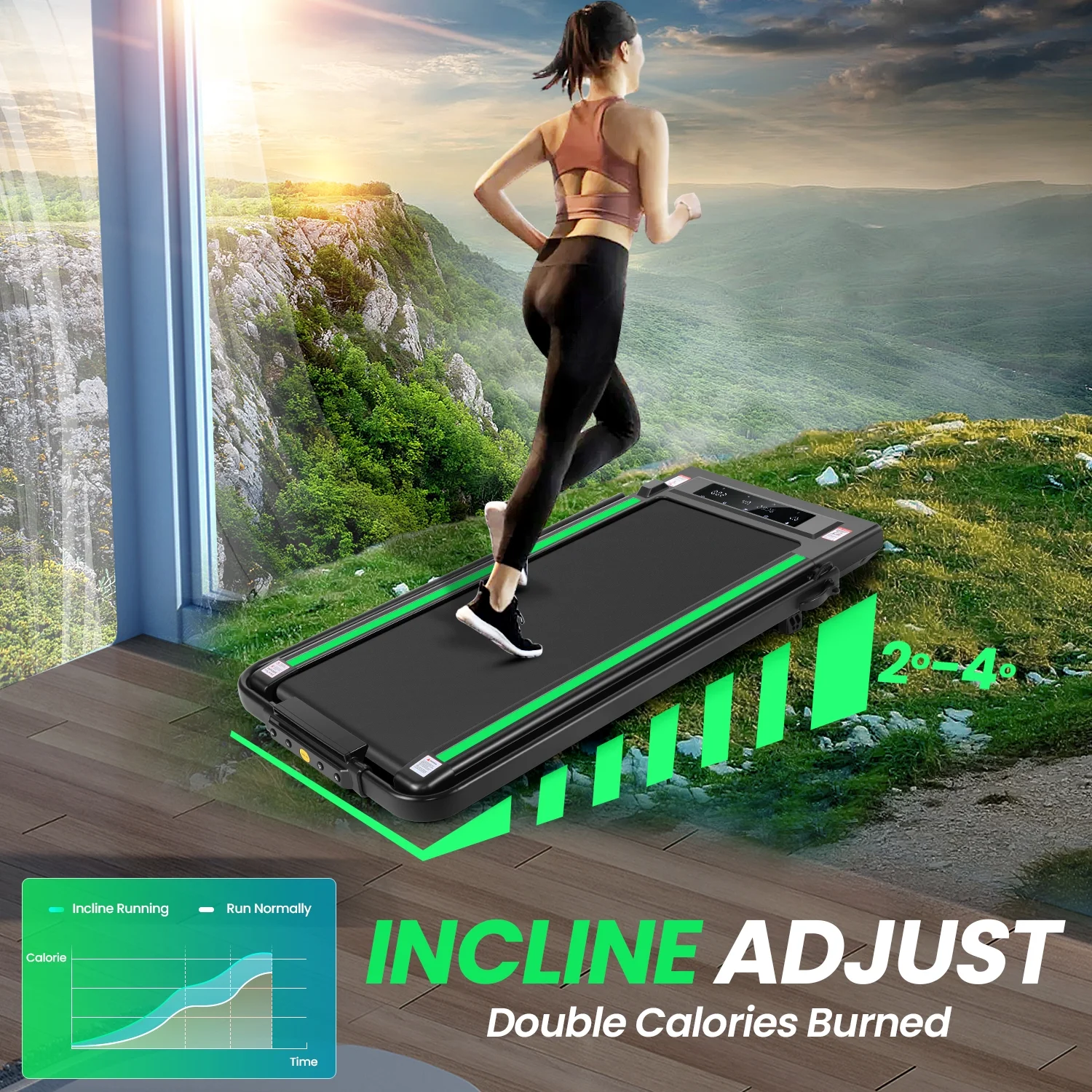 2 in 1 Walking Pad Treadmill with Incline, 2.5HP Under Desk Treadmill with Handle Remote Control & LED Touch Screen for Home Office Workout, 300lbs Weight Capacity Black & Green