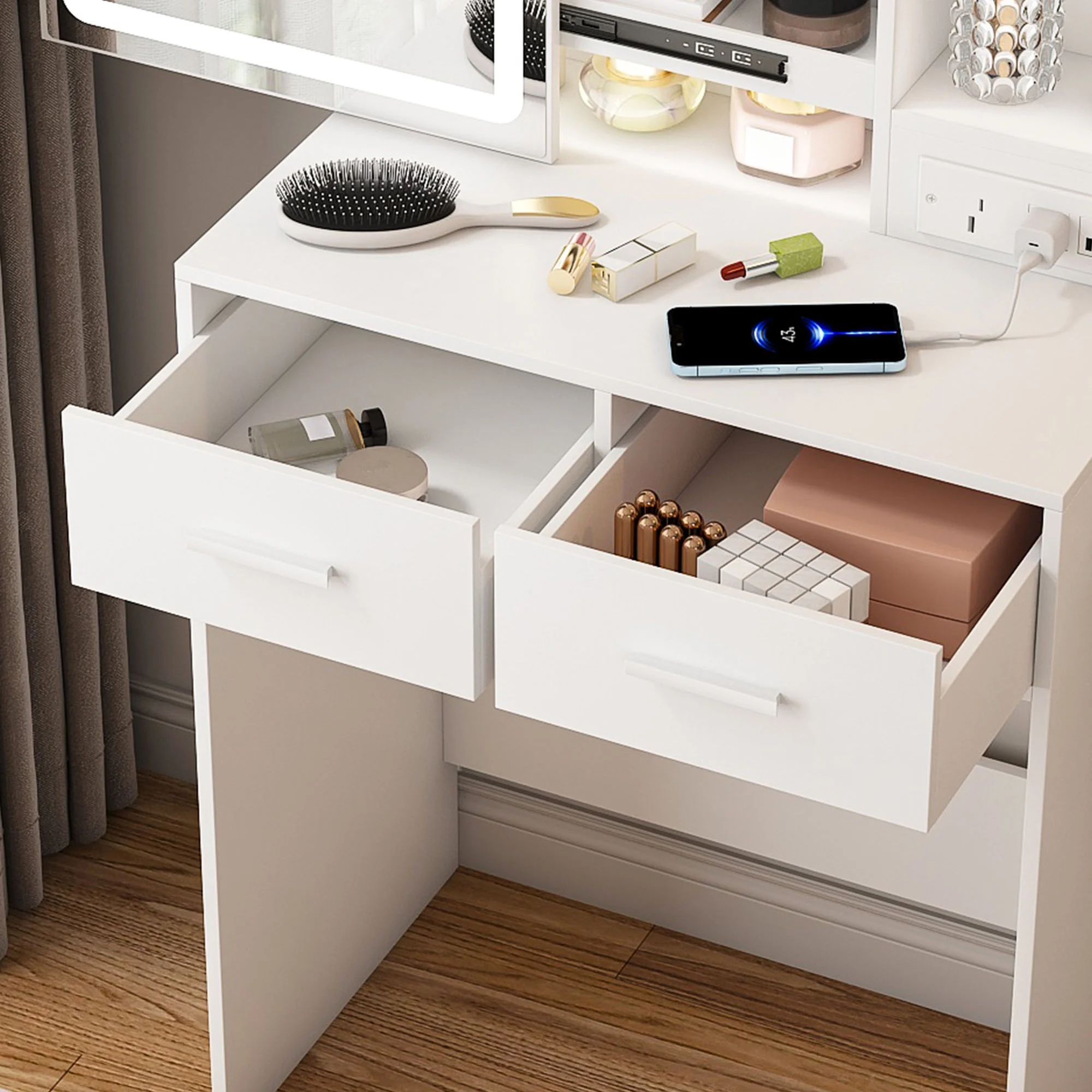 Small White Makeup Vanity Desk with Mirror and Adjustable LED Lights, Built-in Power Outlet and Hidden Storage
