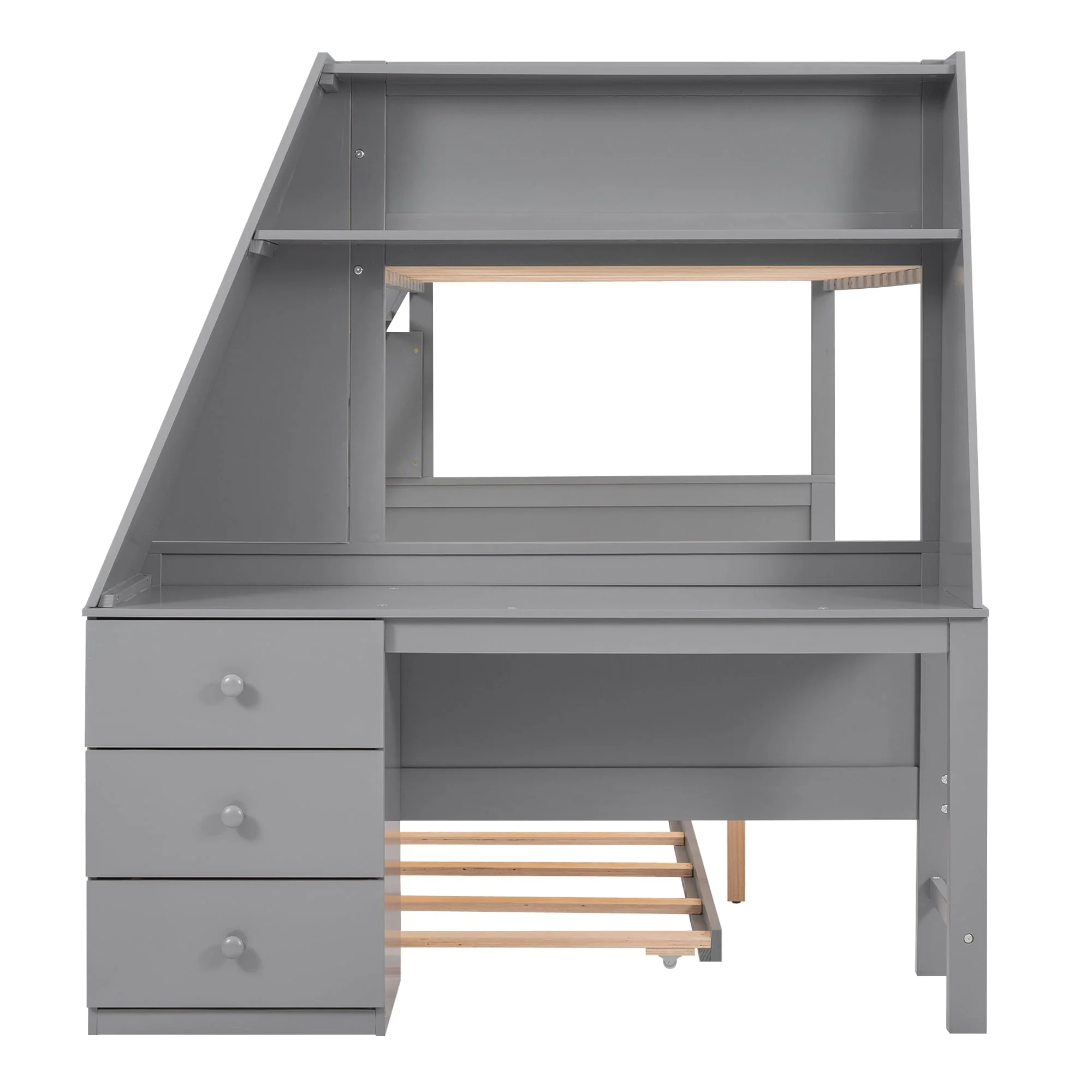 EUROCO Twin over Full Bunk Bed with Trundle, Built-in Desk with Bookcase and 3 Drawers for Kids, Gray
