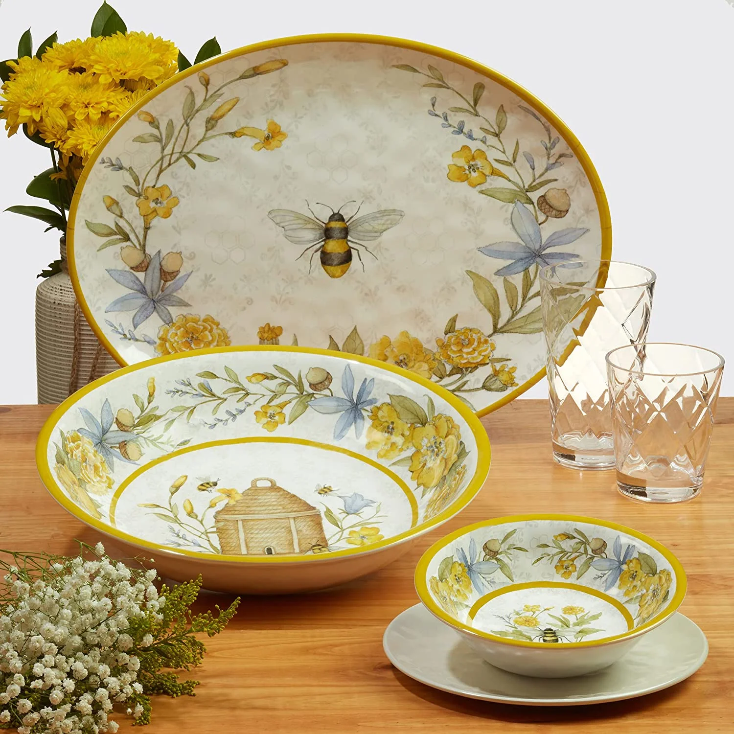 & Floral 12-Piece Melamine Dinnerware Set for 4,  Shatterproof Outdoor Tableware