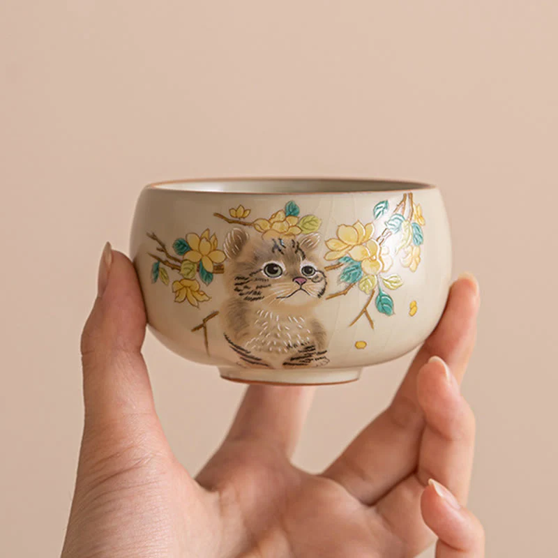 Buddha Stones Cute Cat Yellow Flowers Rabbit Teacup Kung Fu Tea Cup