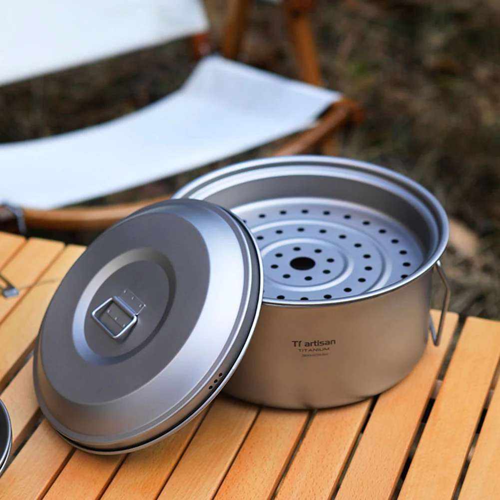 Outdoor Titanium Food Steamer Stock Pot Set Camping Soup Pot Pan Cooking Kit