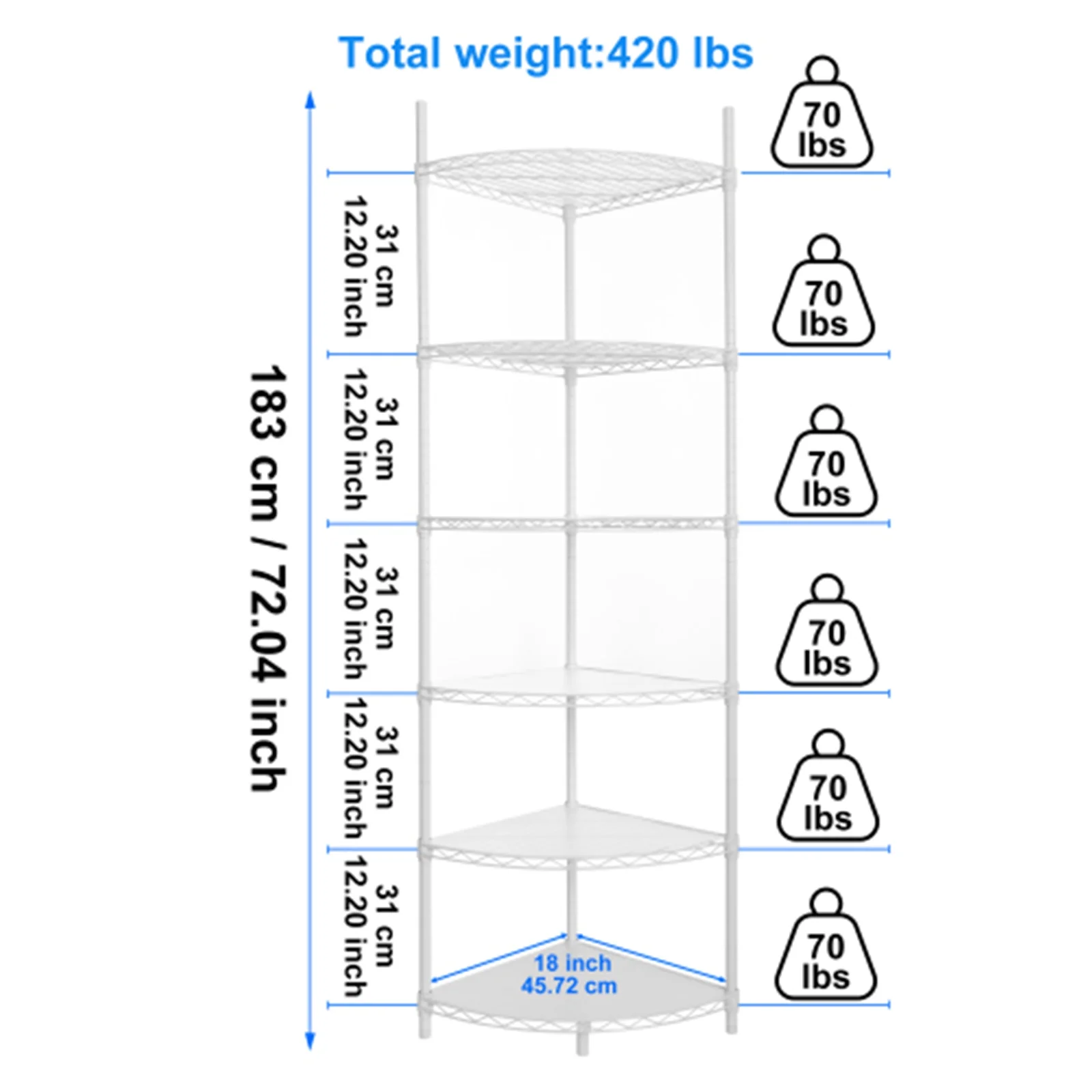 6 Tier Corner Storage Shelves, Wire Shelving Unit, Adjustable Metal Heavy Duty Free Standing Corner Storage Display Chrome Rack for Laundry Bathroom Kitchen Pantry Closet, Chrome