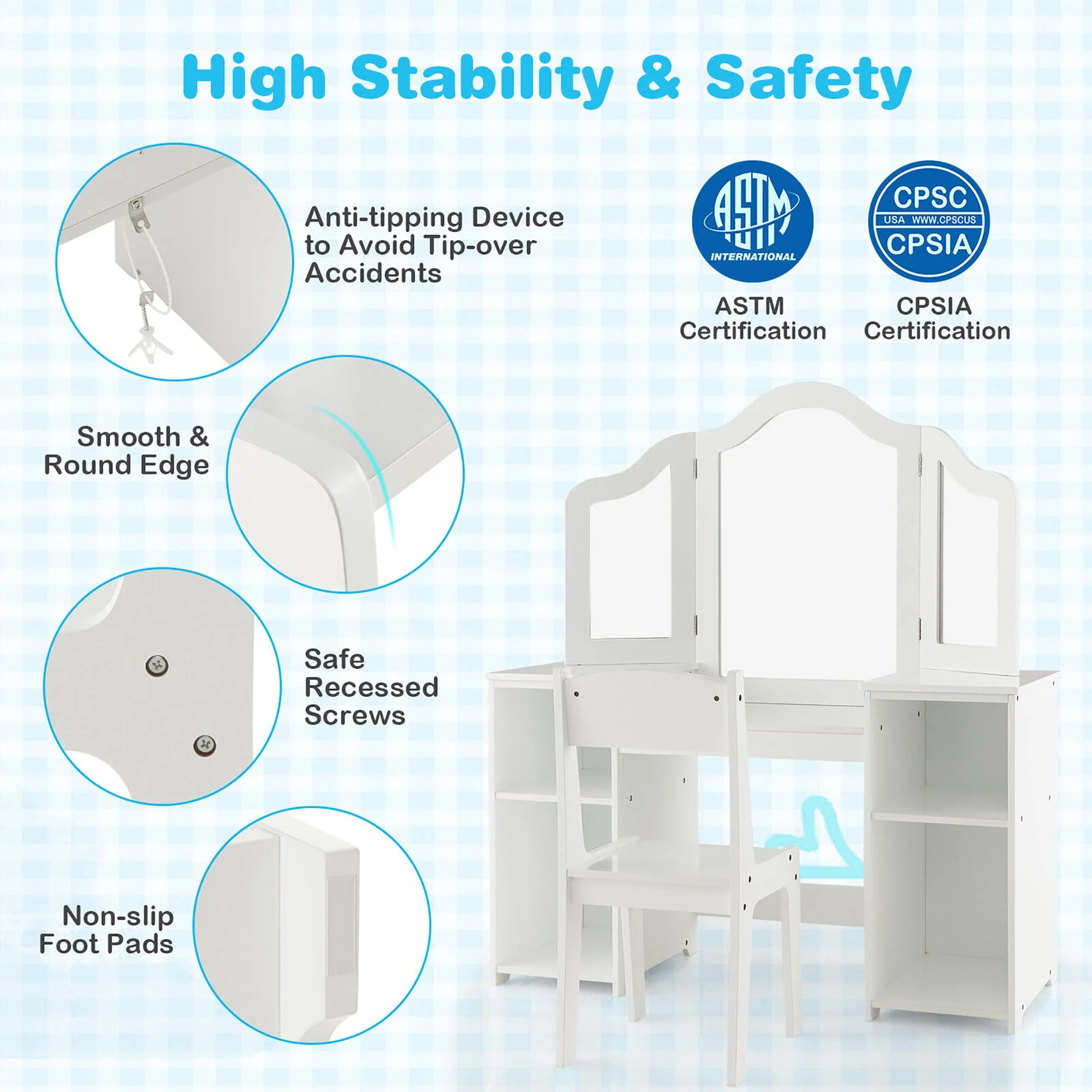 Gymax Kids Vanity 2 in 1 Princess Makeup Desk & Chair Set Safe Tri-fold Mirror White