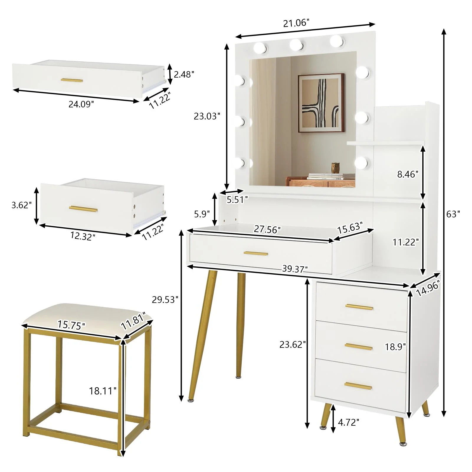 Ktaxon Vanity Table Set with Lighted Mirror, Makeup Table with 4 Drawers, Dressing Vanity Tables, Dresser Desk for Girls, Women, White