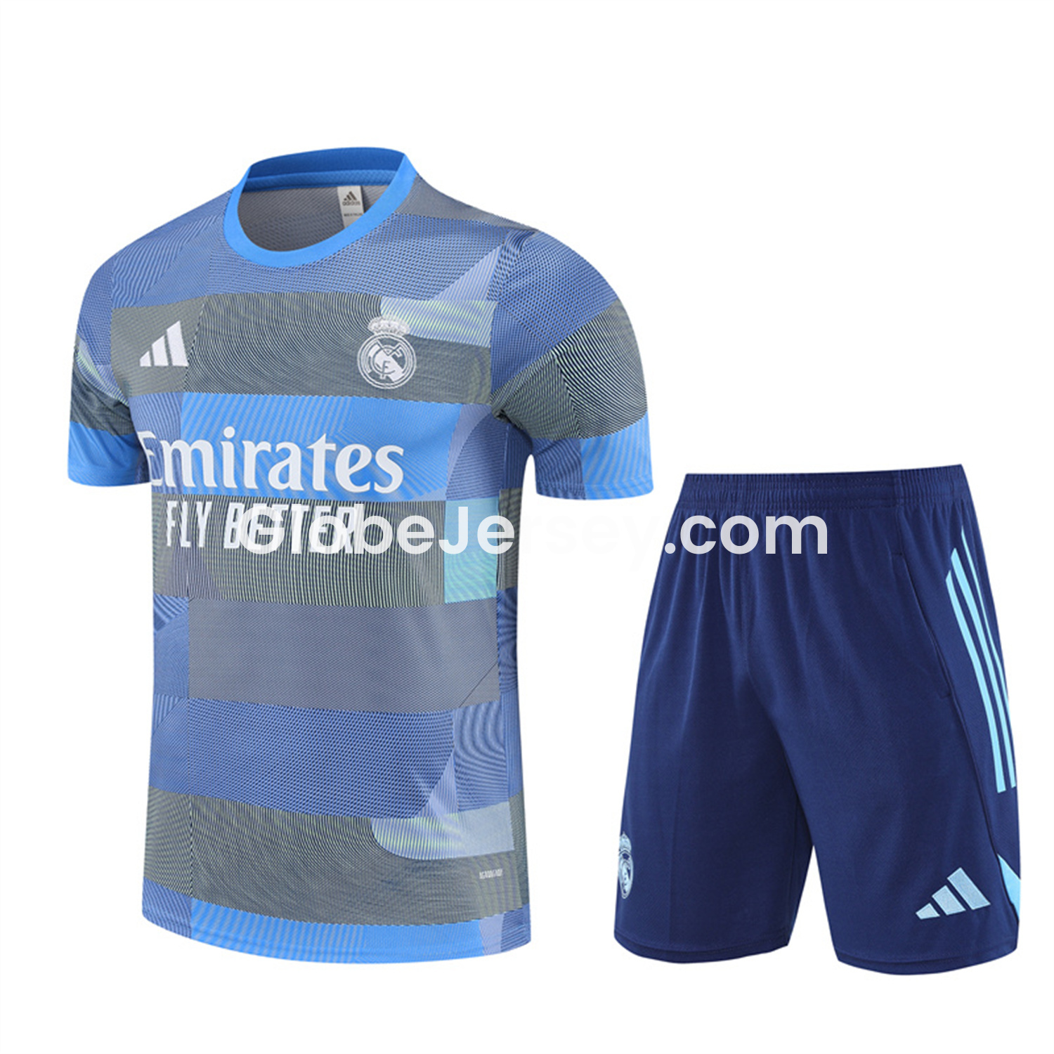 Real Madrid 25-26 Pre-Match Short-Sleeve Training Set - Blue-Gray Camouflage Top and Blue Shorts
