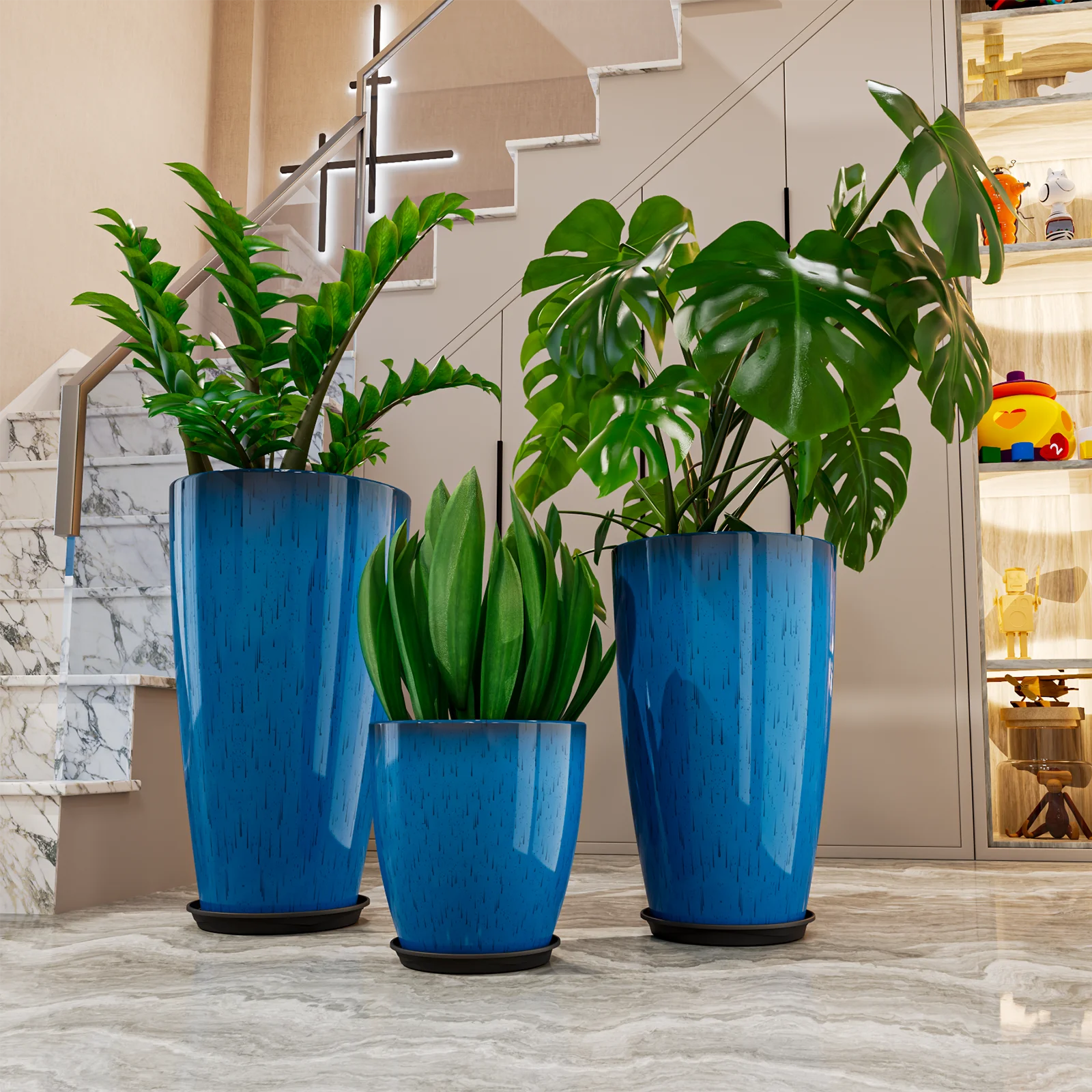 24,21,10 inch Large Planter for Indoor & Outdoor Plants, Set of 3, Sturdy Plant Flower Pots Modern Decor for Front Porch Patio,Blue