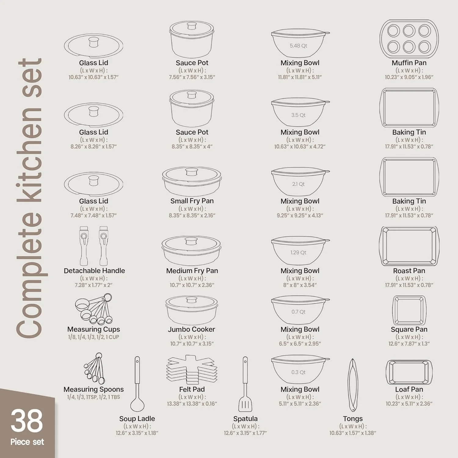 Bakken Master 38 Piece Granite Cookware and Bakeware Set �C Nonstick Granite Coating, Pots and Pans with Detachable Handles and Tempered Glass Lids, 6-piece Bakeware set, 12-piece Mixing Bowls,Brown