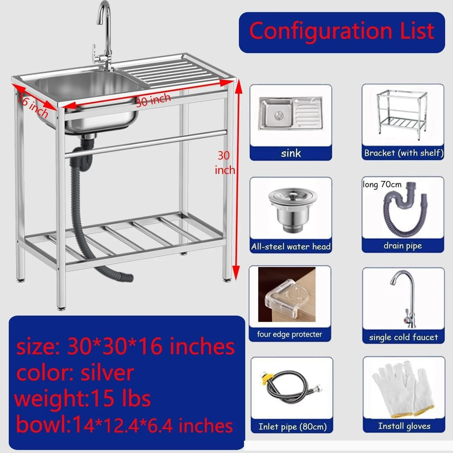 Free Standing Single Bowl Kitchen Sink, Stainless Steel Utility Sink with Cold and Hot Water Hose for Kitchen, Garage, Backyard