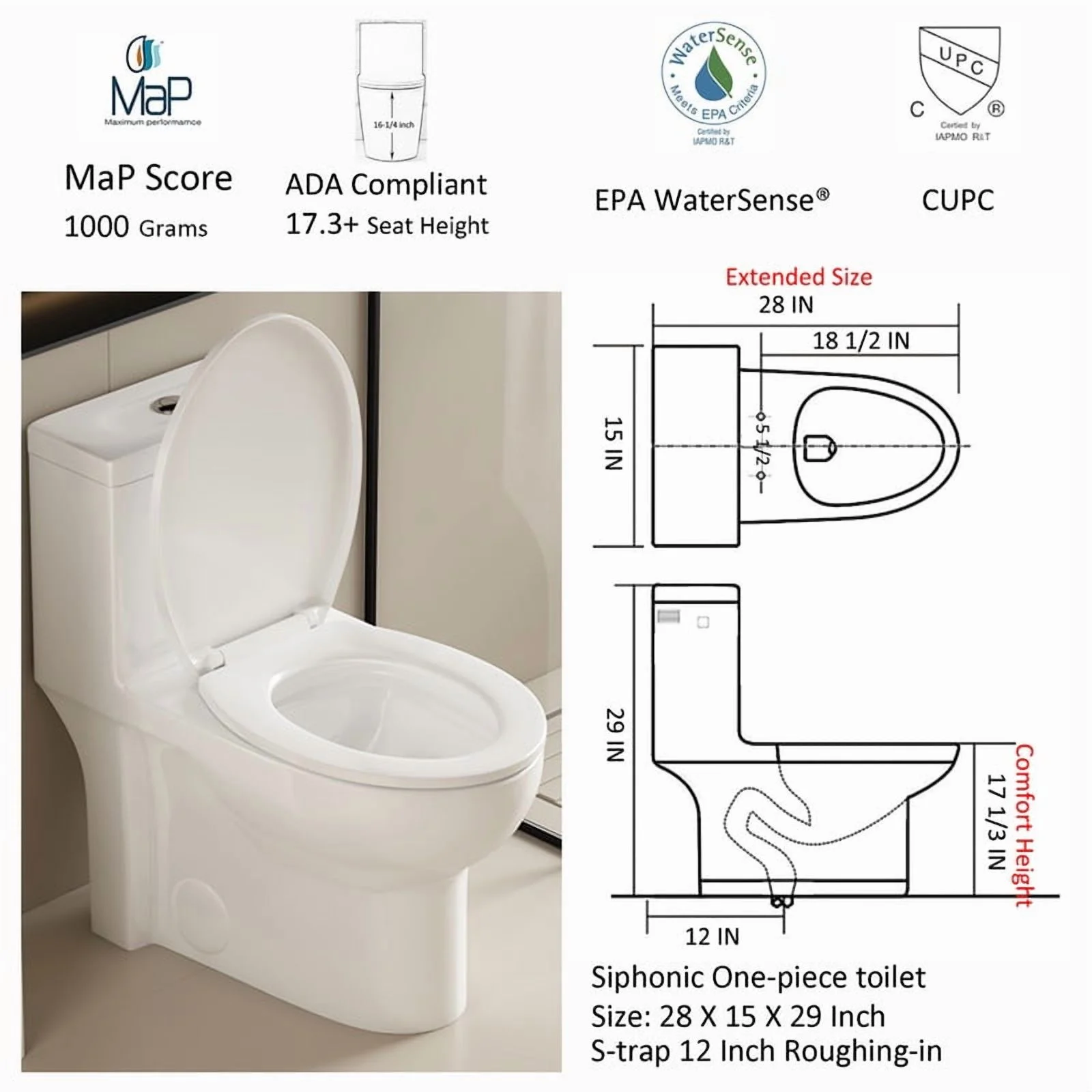 Albriya Modern One Piece Toilet with Soft Close Seat , Elongated Toilet with Comfort Seat Height, ADA Chair Height 17.32
