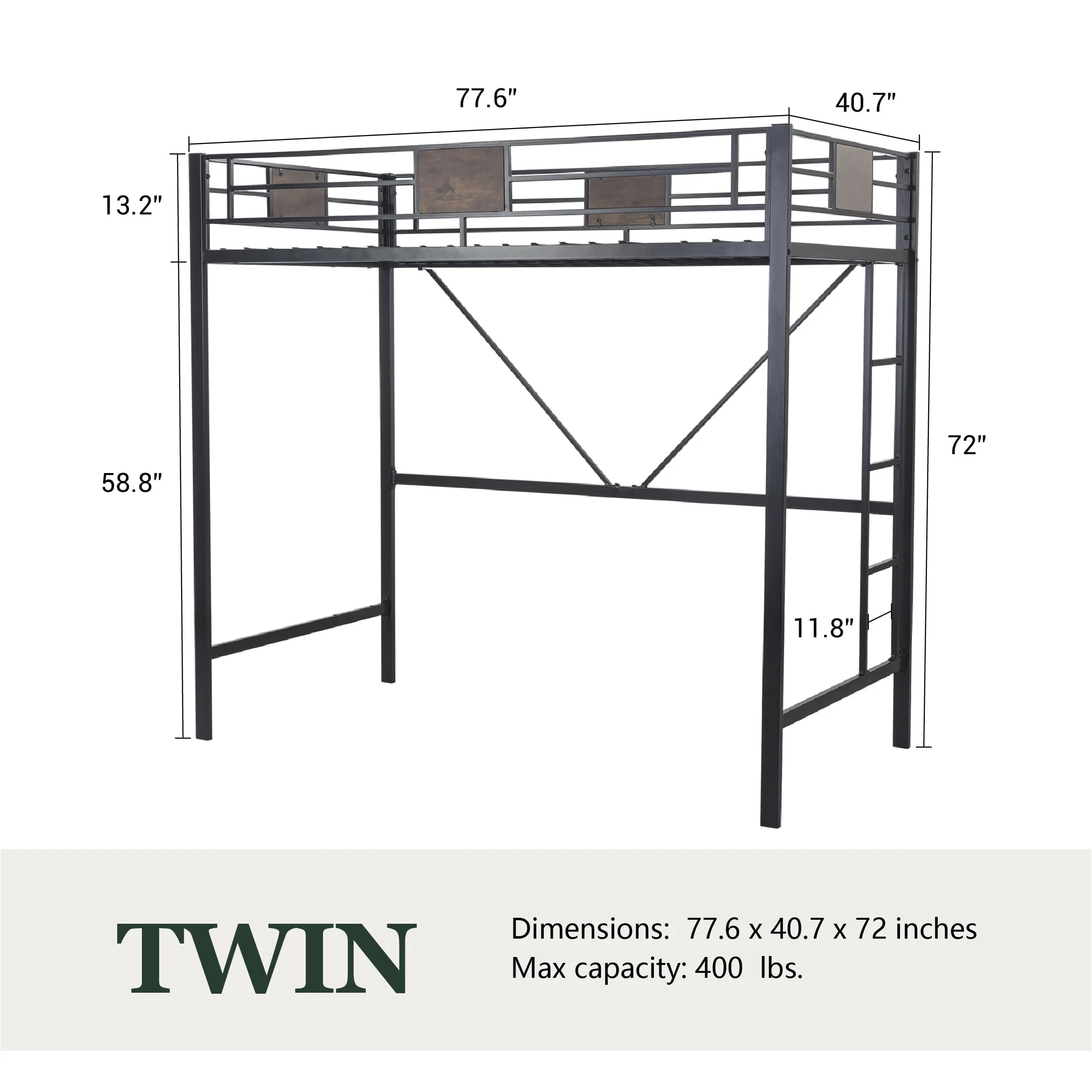 Amolife Metal Twin Size Loft Bed Frame with Stairs & Full-Length Guardrail, Rustic Wood, Black Frame (Desk not included)