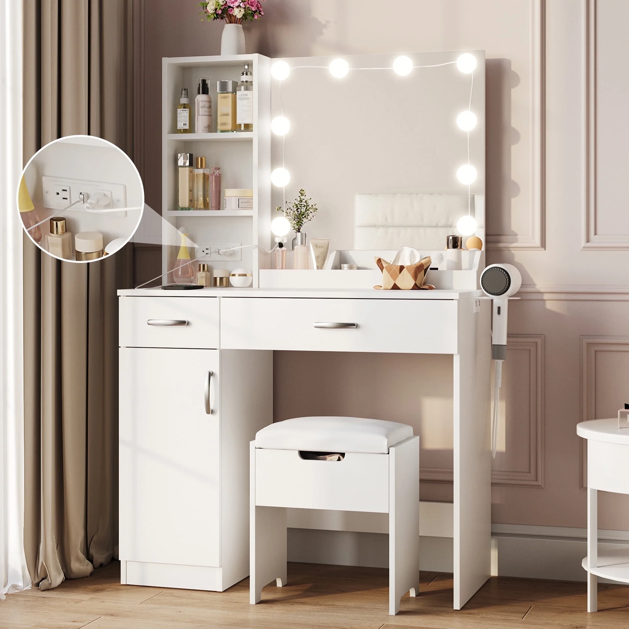 Veanerwood Makeup Vanity Desk with Lighted Mirror & Power Strip, Girls Dressing Table with Storage Shelves, White