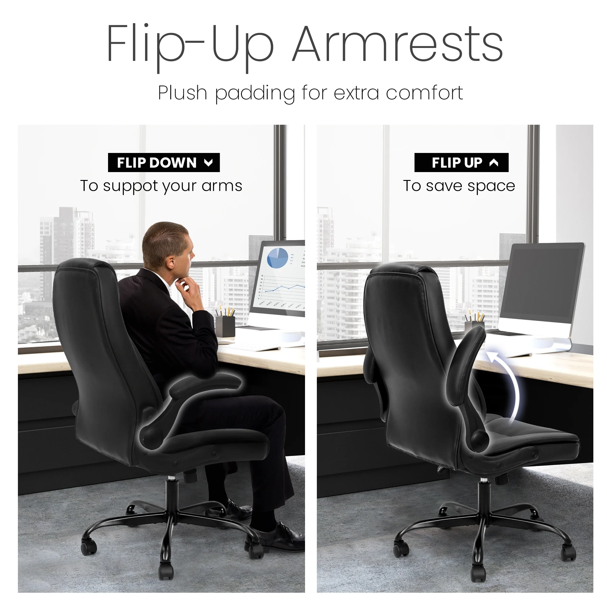 NEO CHAIR Executive Office Chair, Ergonomic High back Cushioned, Wide Leather Seat 8 Hours Heavy Duty Design, Flip Up Armrest Computer Desk Chair, Black