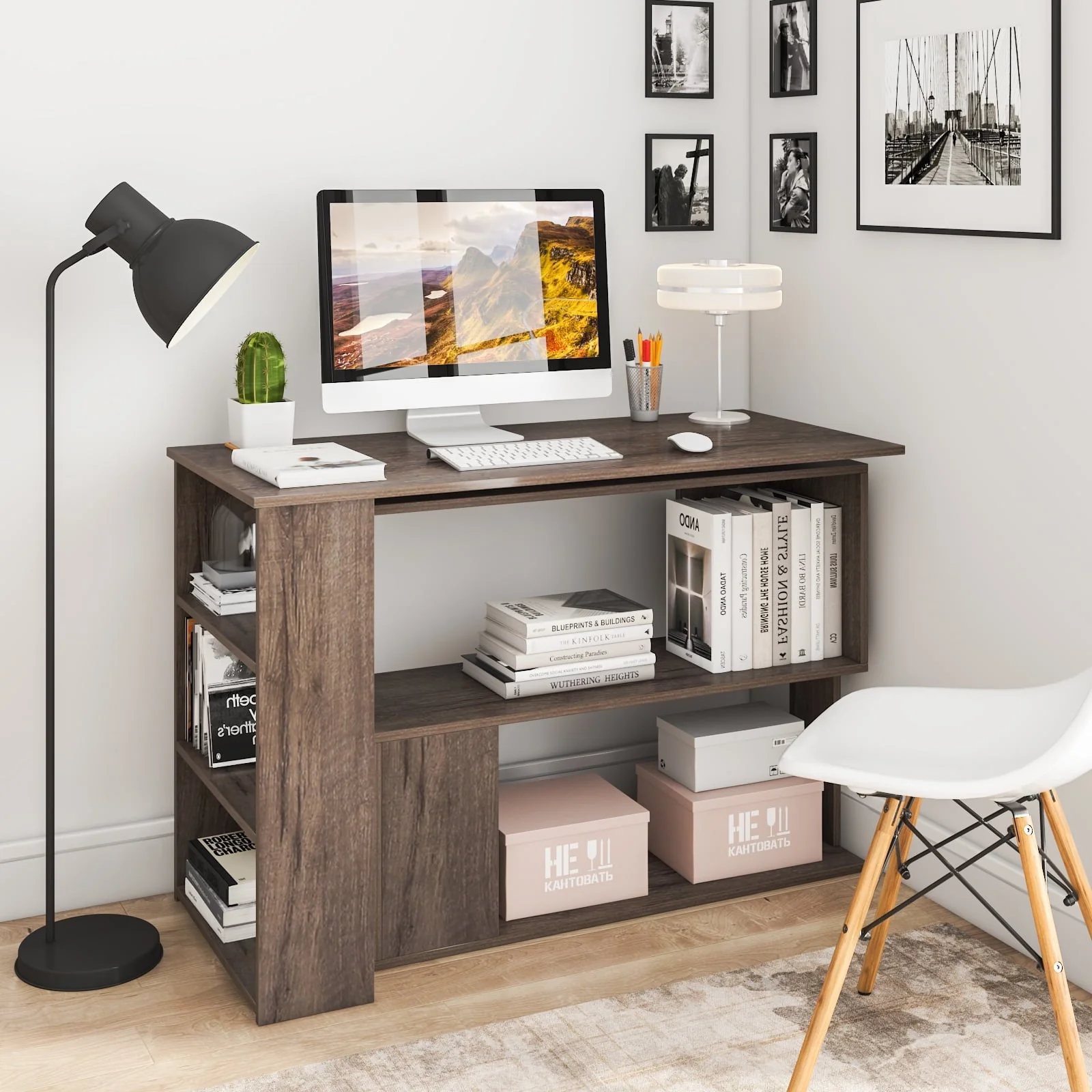 Hoffree 360 Degree Rotating Computer Desk L Shaped Corner Desk with Storage Shelf Office Home Study Workstation