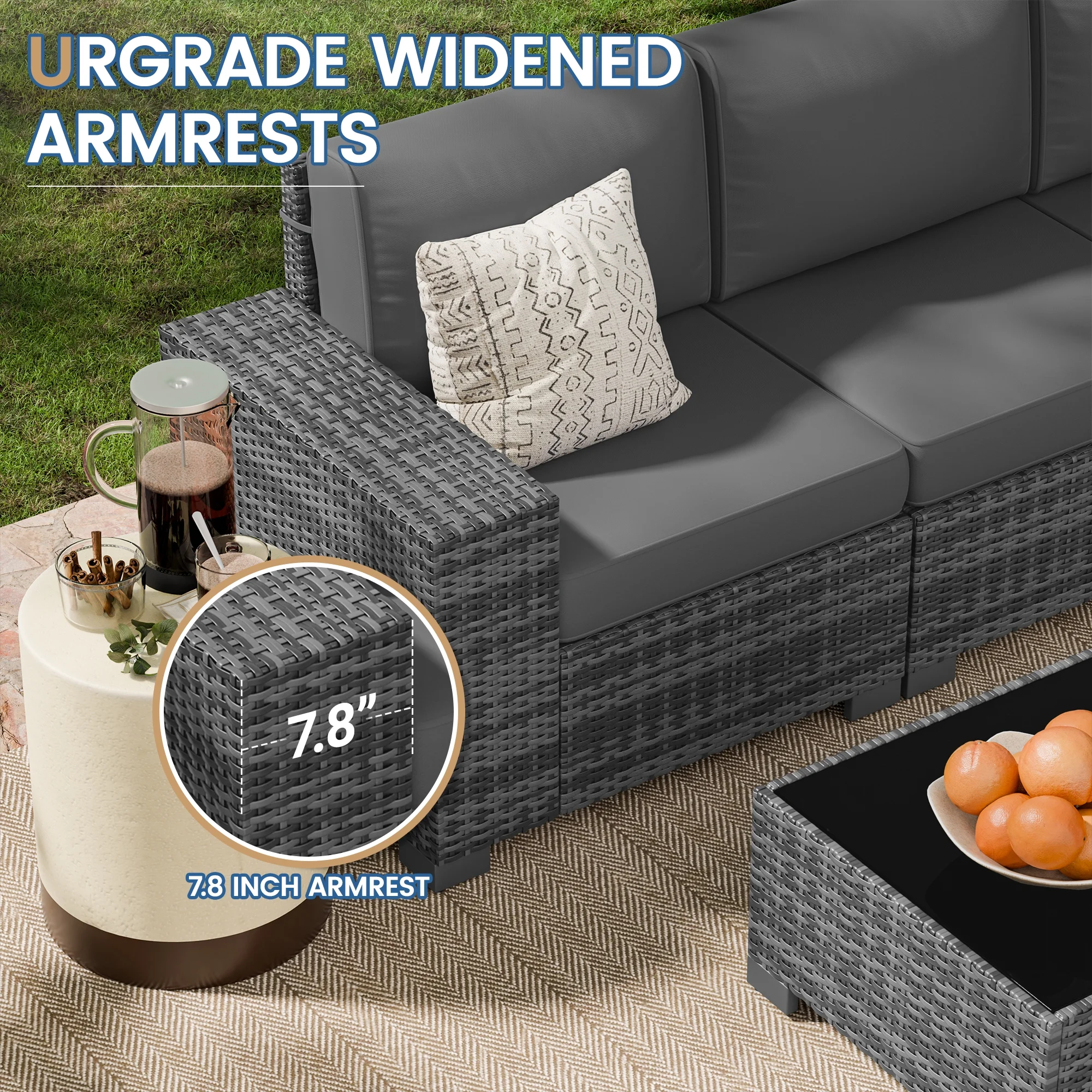 Poteban Patio Furniture Set 6 PCS Outdoor Sectional Conversation Sets Featuring Widen Wicker Armrests and High Back, Black (Waterproof Covers Included)