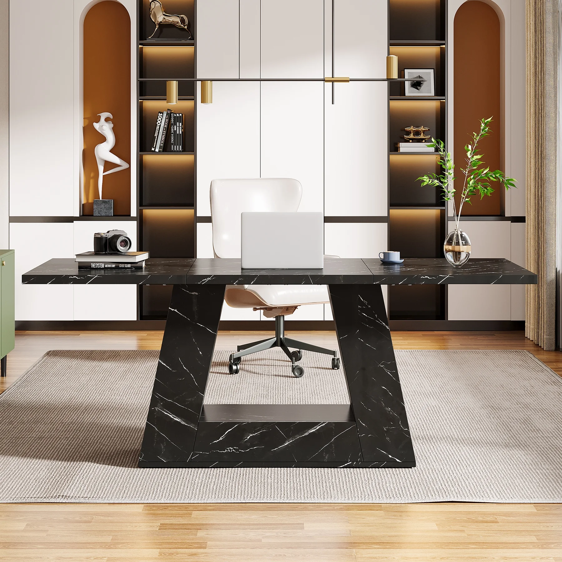 Tribesigns Modern Computer Desk, 63 inch Wooden Faux Marble Study Writing Table with Sturdy Base for Home Office, Black