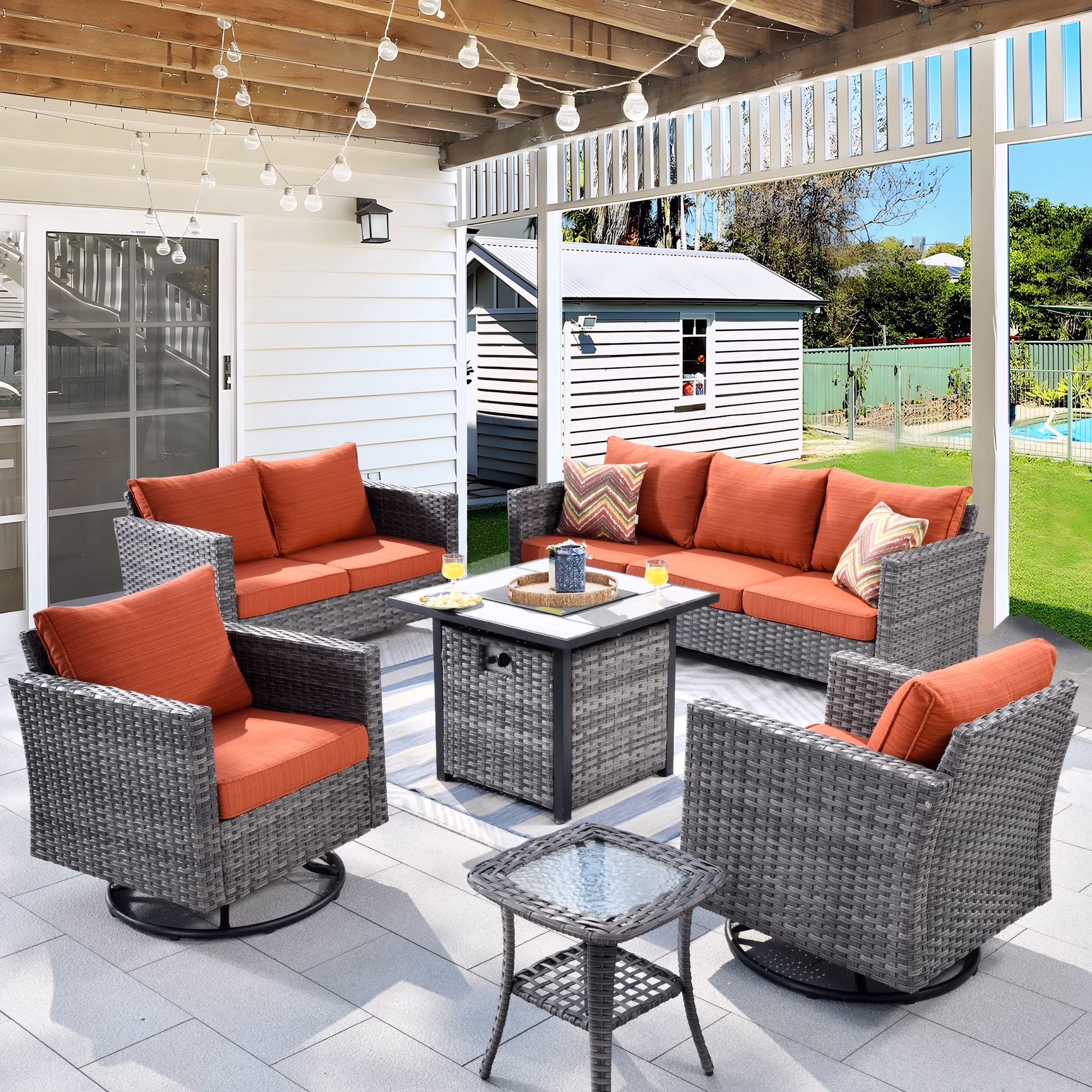 Ovios 6 Pieces Outdoor Patio Furniture Set with Gas Propane Fire Pit Table Wicker Outdoor Conversation Set with Swivel Rocking Chair for Backyard, Cushion Beige