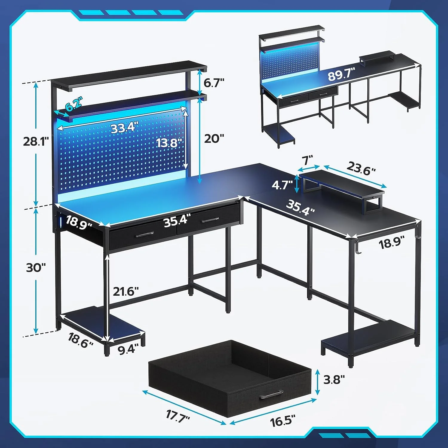 SEDETA White L Shaped Gaming Desk with LED Lights and Drawers, Gaming Desk with Hutch & Pegboard, Computer Desk with Monitor Stand, Storage Shelves, Home Office Desk Corner Desk, Gaming Table
