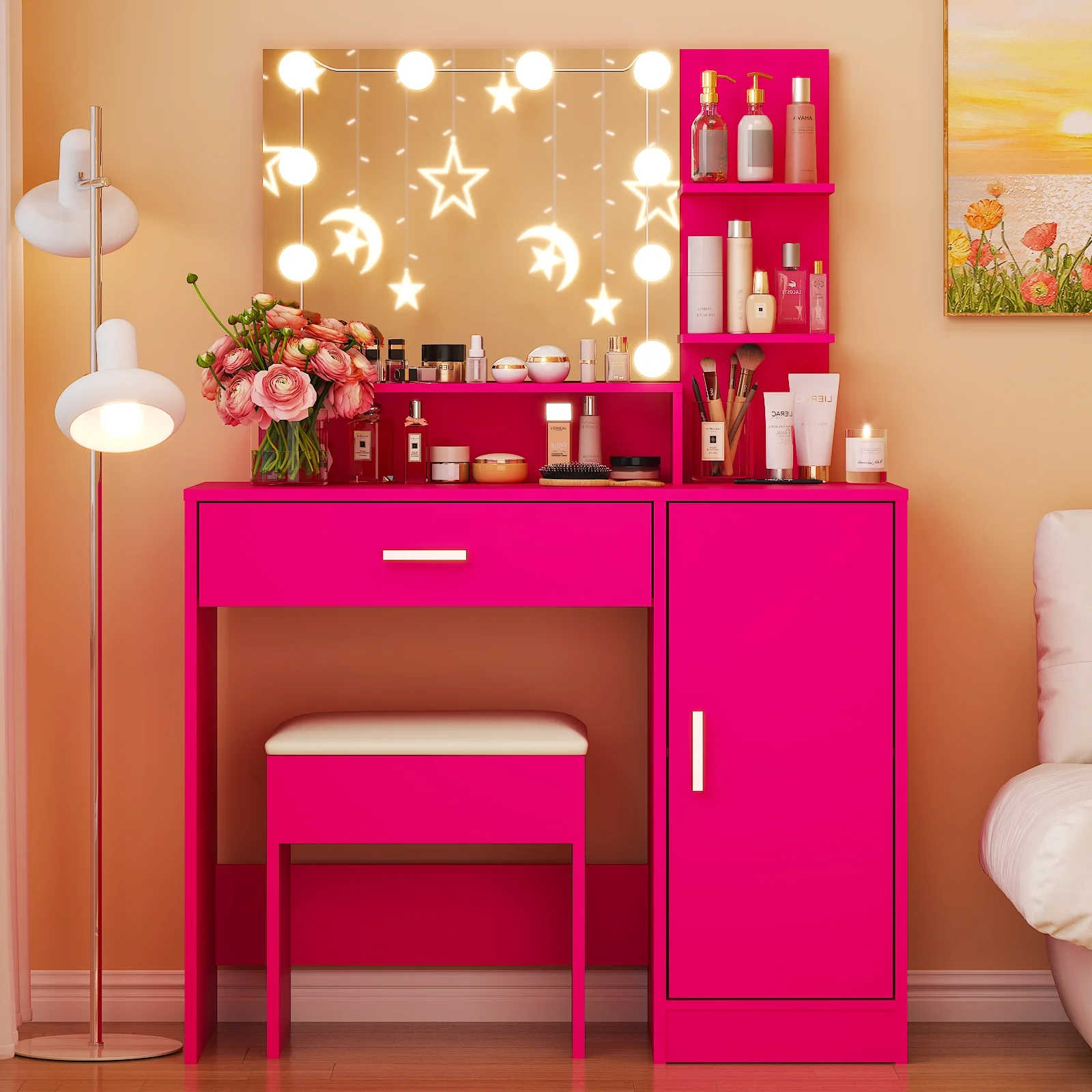 Ktaxon Vanity Set with 3 Color Lighted Mirror, Makeup Table with 3 Storage Shelves & Drawers, Dressing Table Makeup Desk with Stool,White