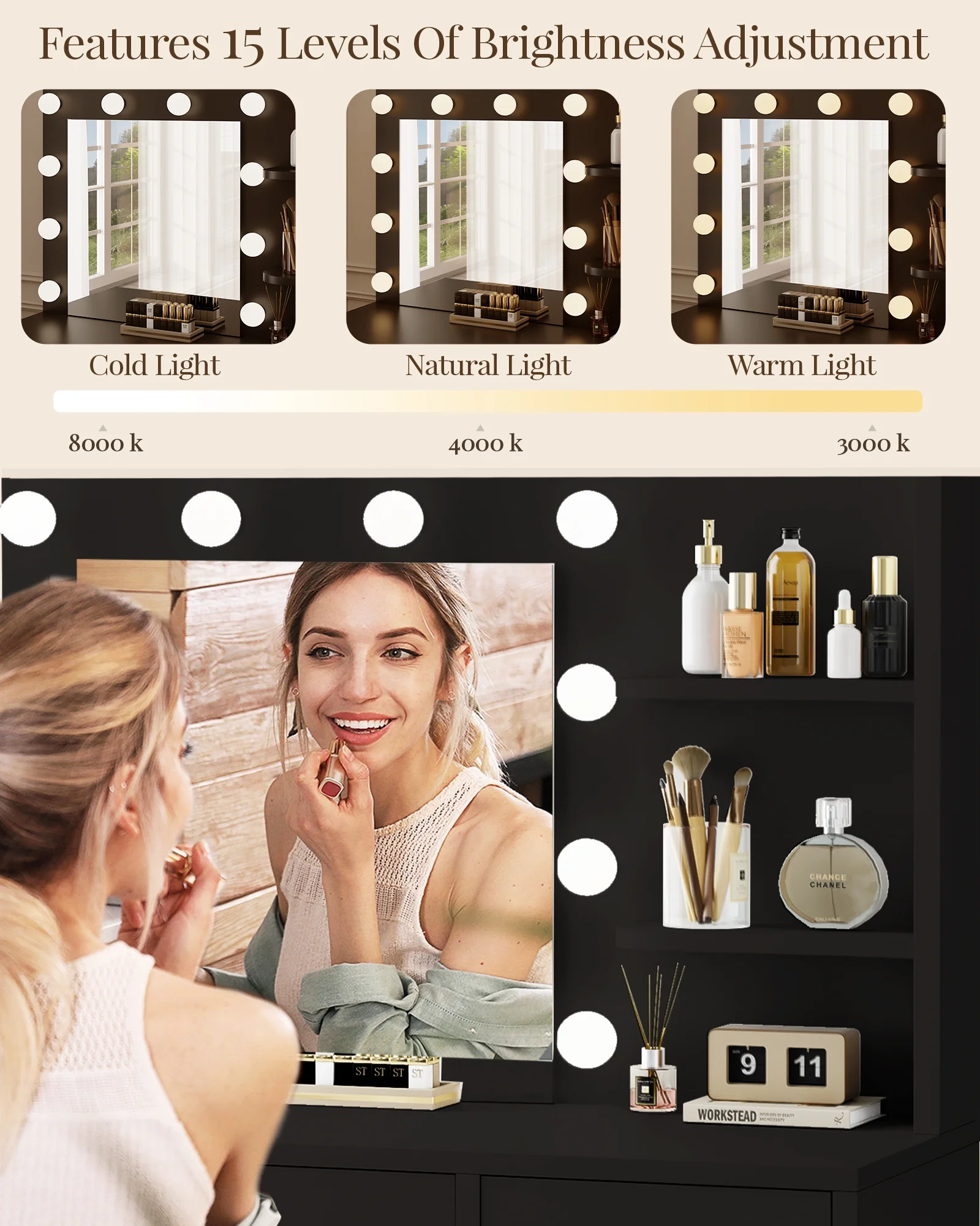 LIVELYGLOW Vanity Desk with Mirror and Lights, Makeup Vanity with Drawer & Storage Shelves, Cabinet, 3 Lighting Modes Adjustable Brightness,White