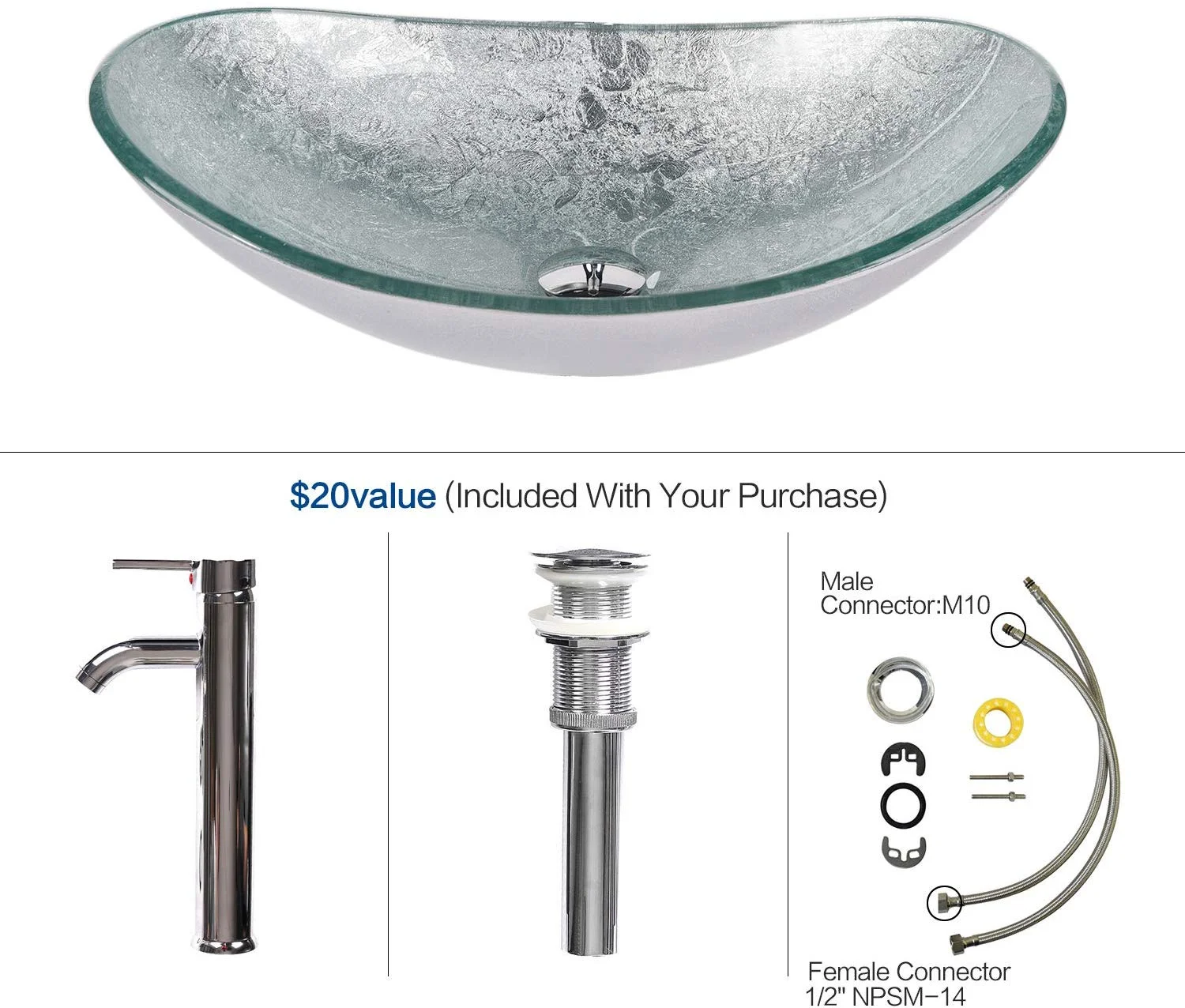 ELECWISH Bathroom Sink and Faucet Combo Artistic Tempered Glass Vessel Sink Basin Washing Bowl Set, Cabinet Countertop Sink with Chorme Faucet Pop-up Drain (Oval Silver)