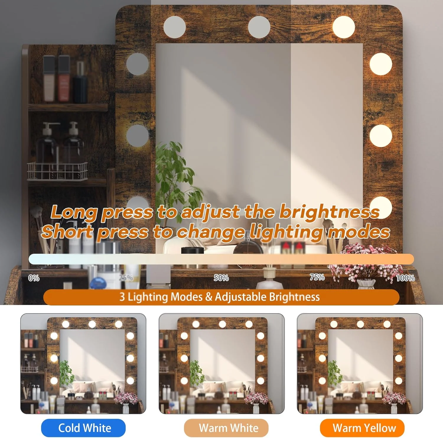 OYang Makeup Vanity with Lights, Vanity Desk with Mirror and Lights Set, Large Drawer and Two-Tier Lots Storage Cabinet, 3 Lighting Modes Adjustable Brightness