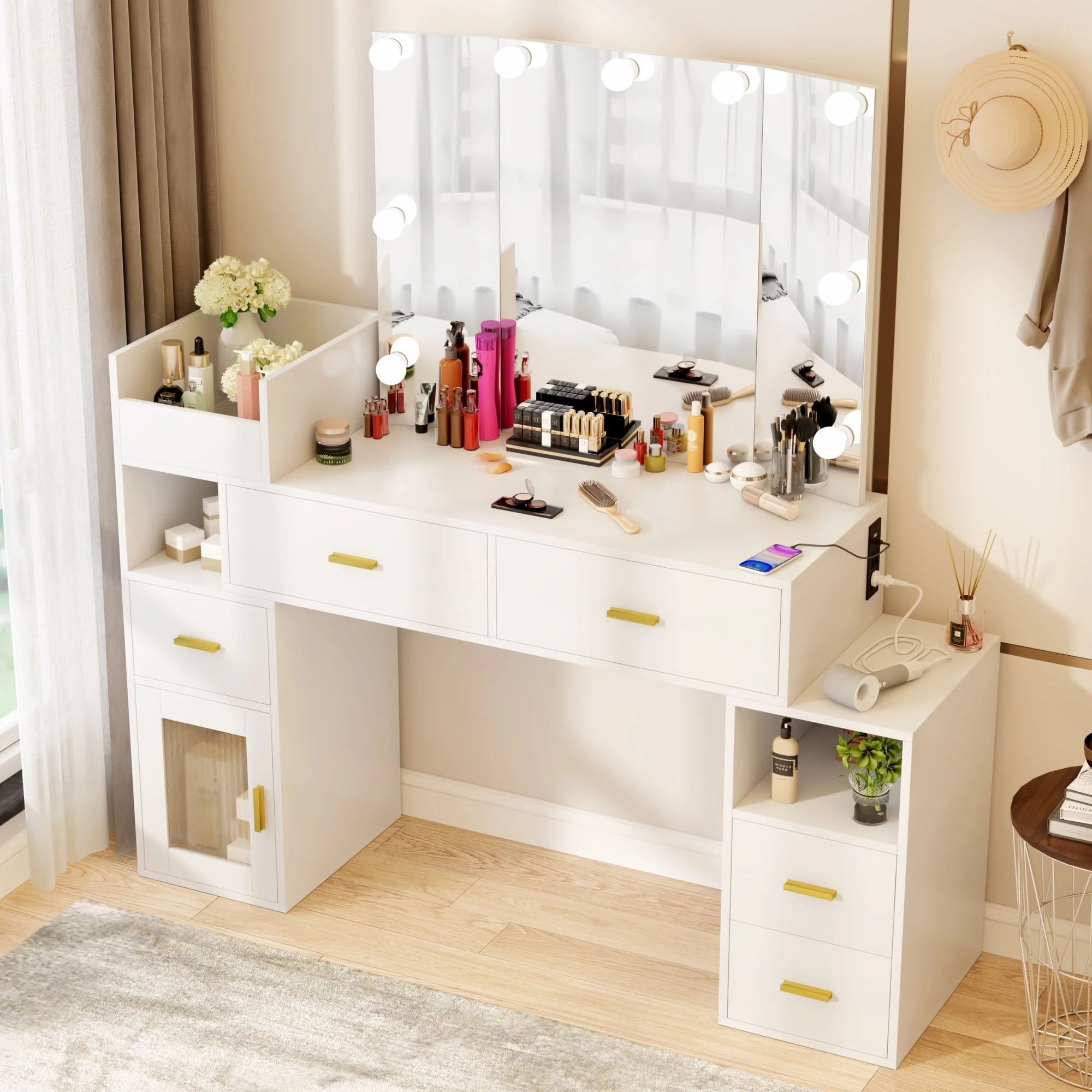 VIVISPECIAL Vanity Set with Lighted Mirror, Makeup Vanity with 3 Lighting Options and Charging Station, Large Vanity Desk with Storage Shelves, 5 Drawers, Glass Cabinet