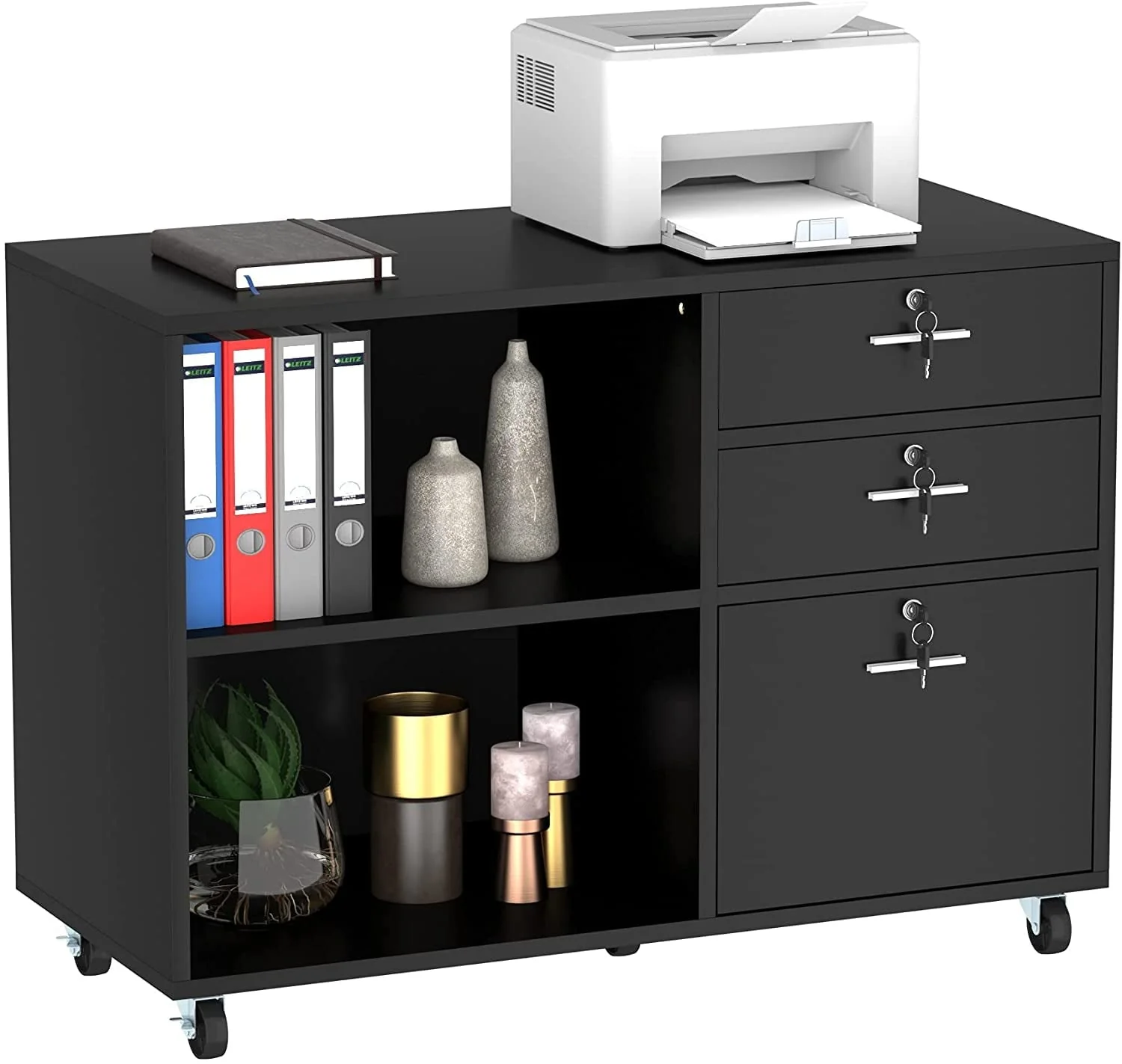 DEXTRUS 3 Drawer Lateral File Cabinet, Printer Stand with Drawers, File Cabinet Fits A4 Letter Legal Size Folders, Black