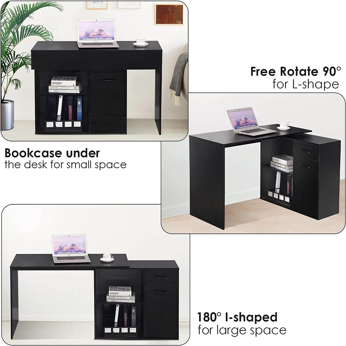 Hoffree 180 Degree Rotating Computer Desk with 2 Open Shelves  68 inch L-Shaped Desk with Drawers & File Cabinet Study Workstation for Home Office & Bedroom, Black/White
