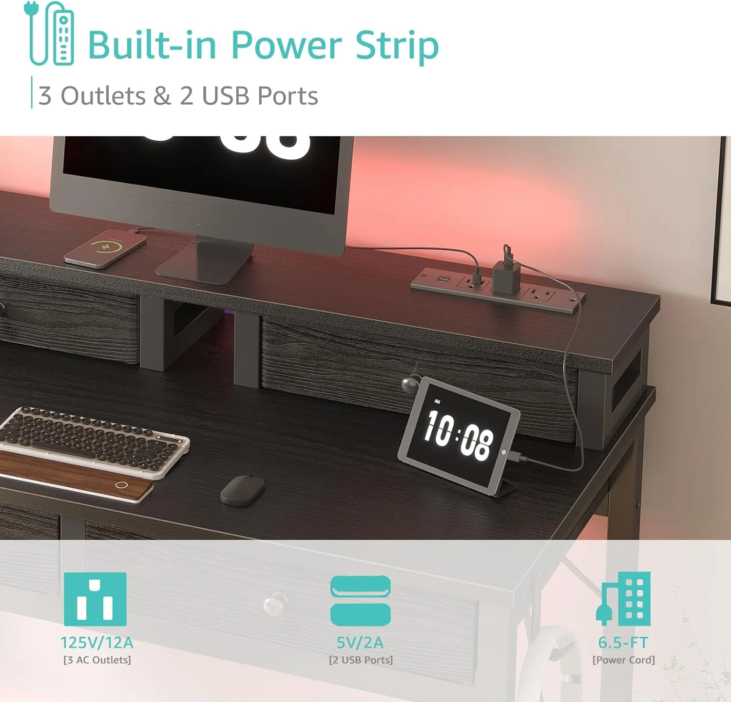 Small Desk with Drawers for Home Office Bedroom, 31 inch Black Writing Study Desks with Fabric Drawers Storage, Gaming Desk Table with Power Outlet & Monitor Stand, Black