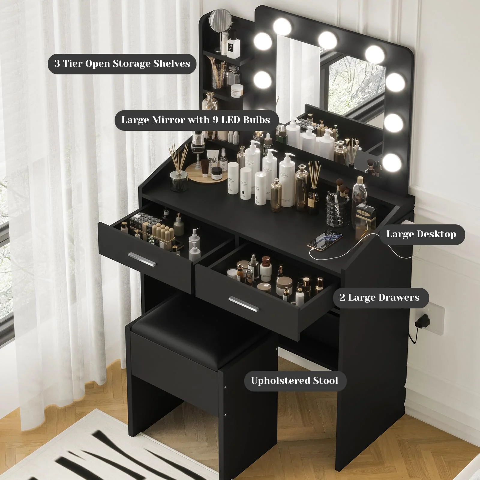 Yeshouse Vanity Desk with Mirror and Lights, White Makeup Vanity with 2 Drawers, 3 Light Mode and Brightness Adjusted, Makeup Table for Bedroom, Desk and Chair
