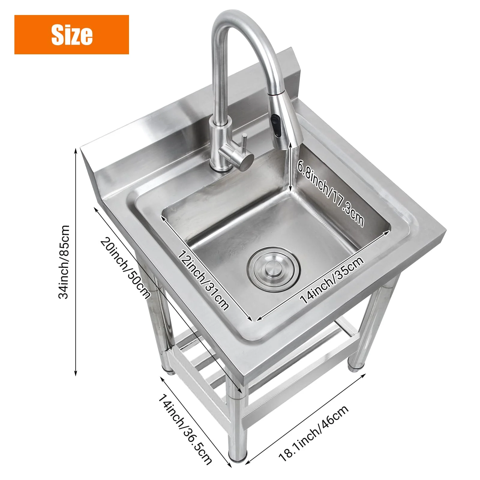 Kojooin Stainless Steel Commercial Utility Sink,Free Standing Single Bowl Pull-Down Faucet Heavy Duty Sink for Restaurant Bar Laundry - Hot & Cold Water Indoor & Outdoor