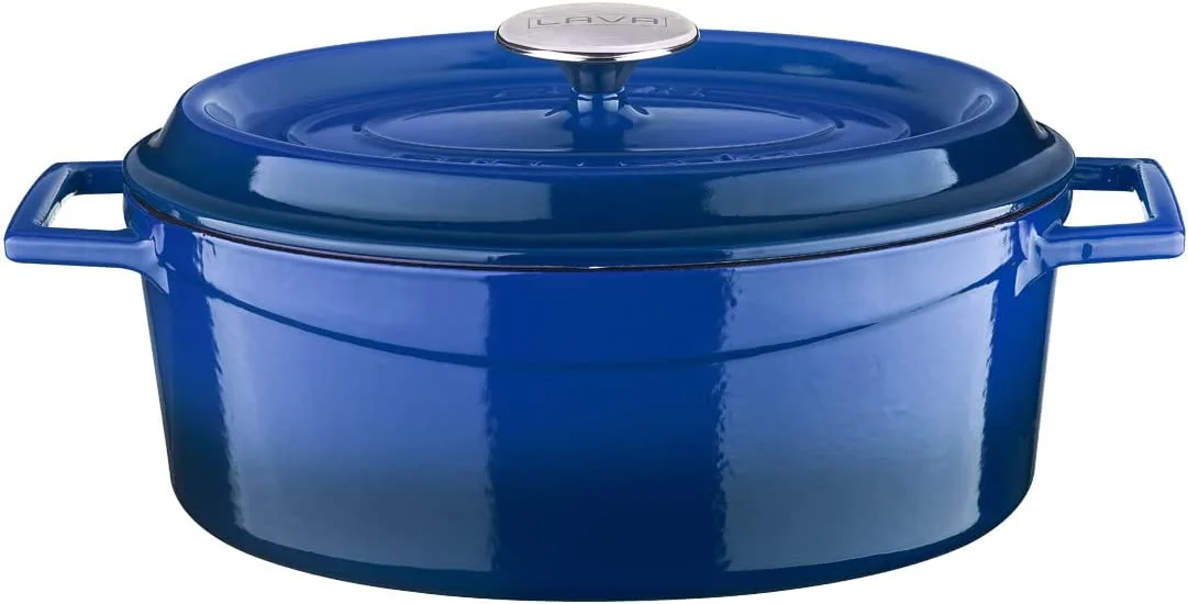 LAVA 6.75 Quarts Cast Iron Dutch Oven: Multipurpose Stylish Oval Shape Dutch Oven Pot with Three Layers of Enamel Coated with Trendy Lid (Blue)