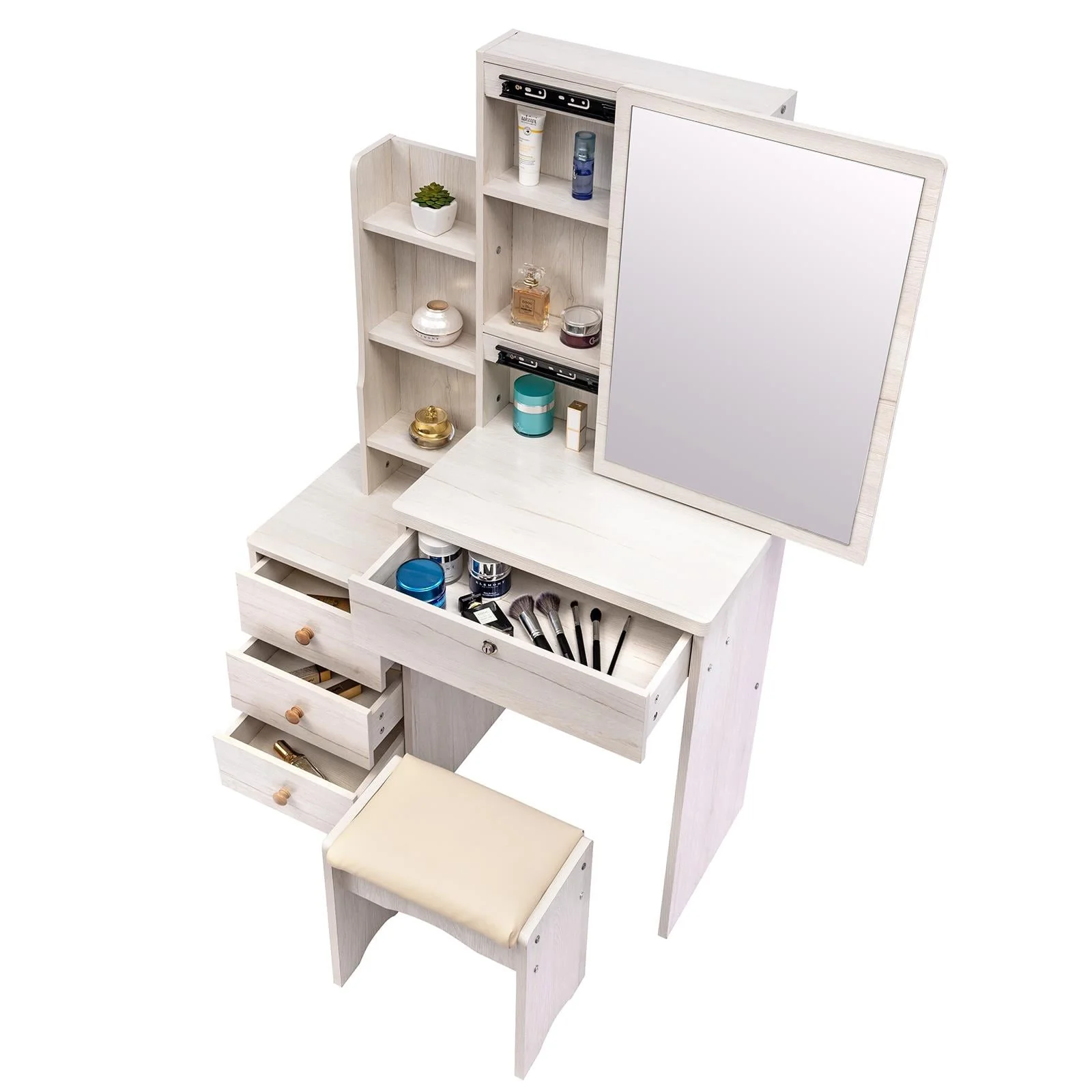 UBesGoo Vanity Set with Sliding Mirror, Makeup Vanity Dressing Table with 4 Drawers, Shelves, Dresser Desk and Cushioned Stool Set (White Oak Color)