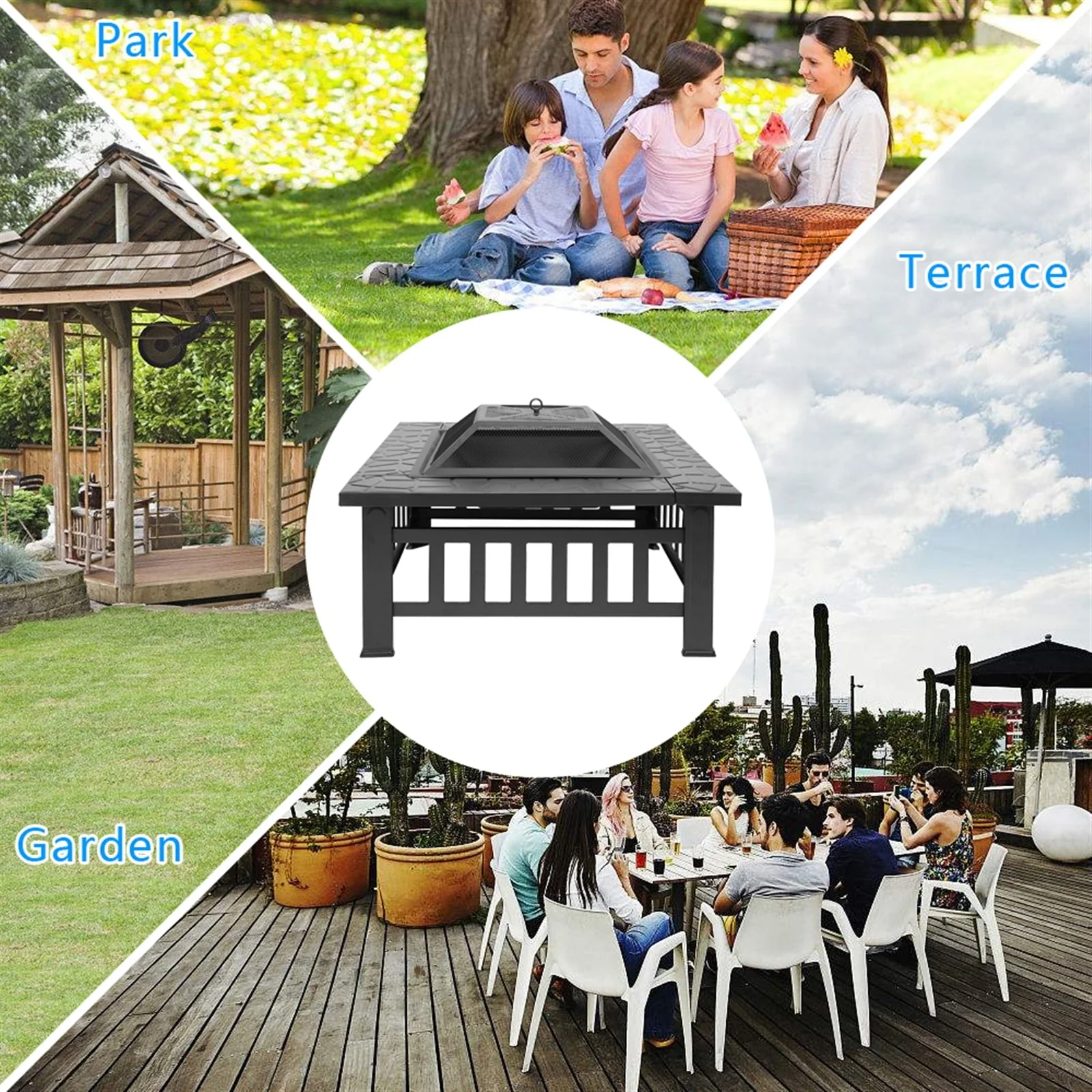 Metal Fire Pit for Outside, 32'' Stone Finish Fire Pit Table, Wood Burning Outdoor Firepit with Fire Bowl, Mesh Screen Lid, Poker