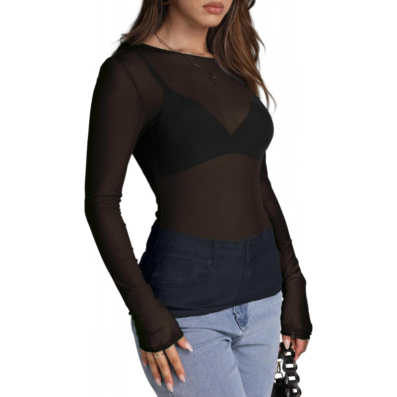Women's Mesh Sheer Tops Sexy Crew Neck