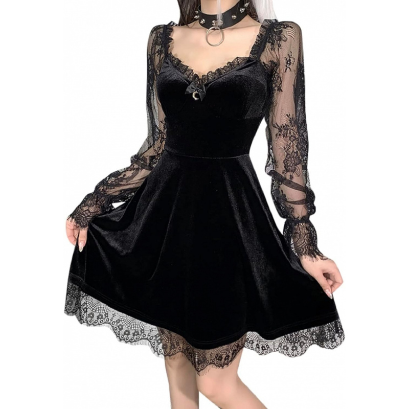 Women Gothic Velvet Dress - Flared Lace Long Sleeve Midi Dresses