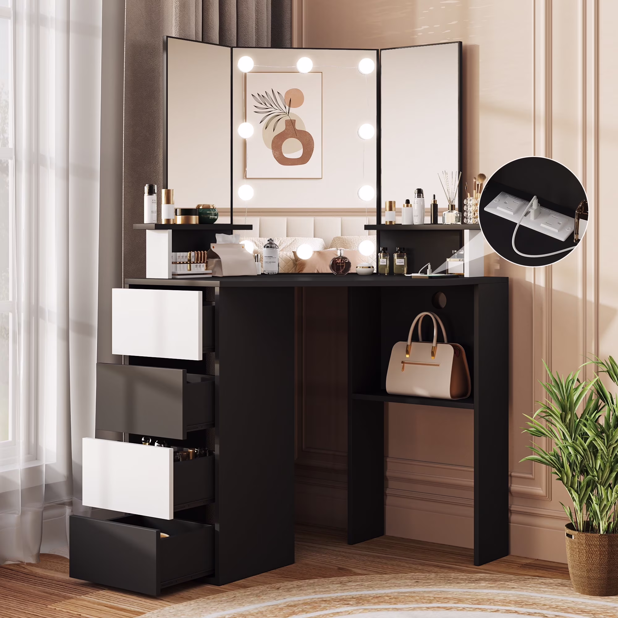 Veanerwood White Corner Vanity Desk with Mirror and Light,Makeup Table with 4 Drawers and Charging Station for Bedroom